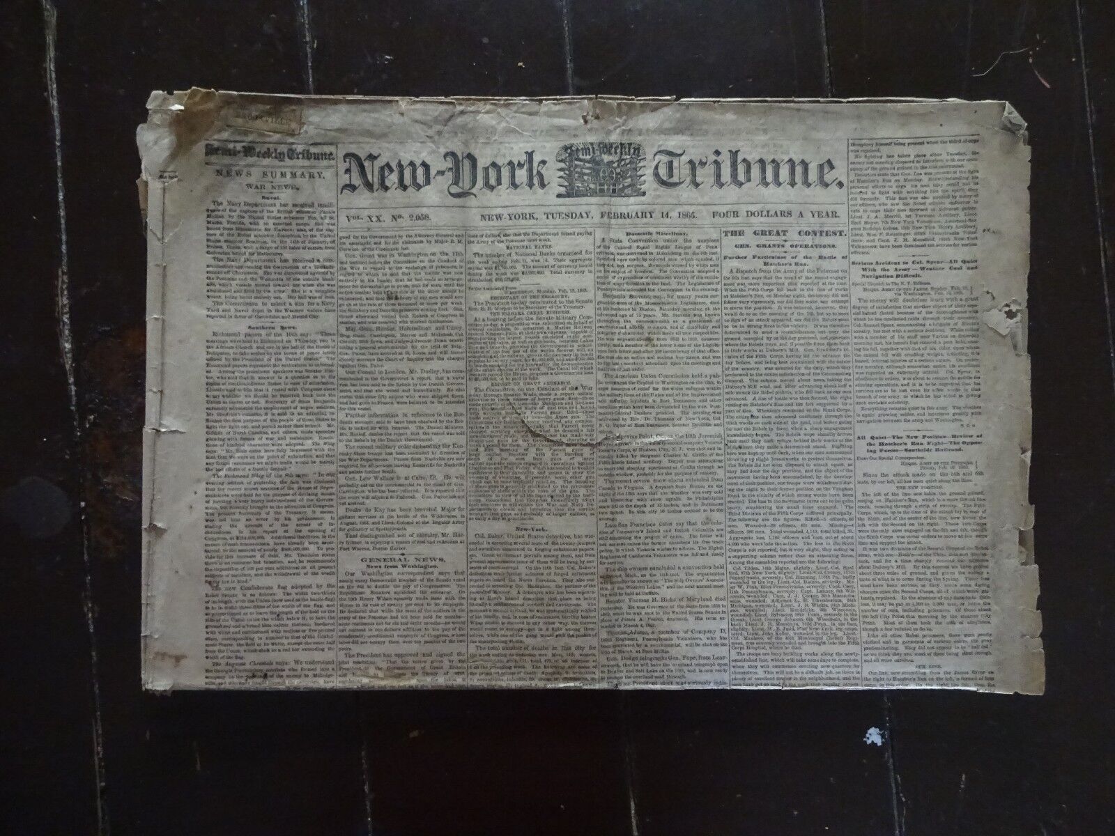 HISTORIC February 14, 1865 New York Tribune Civil War Newspaper