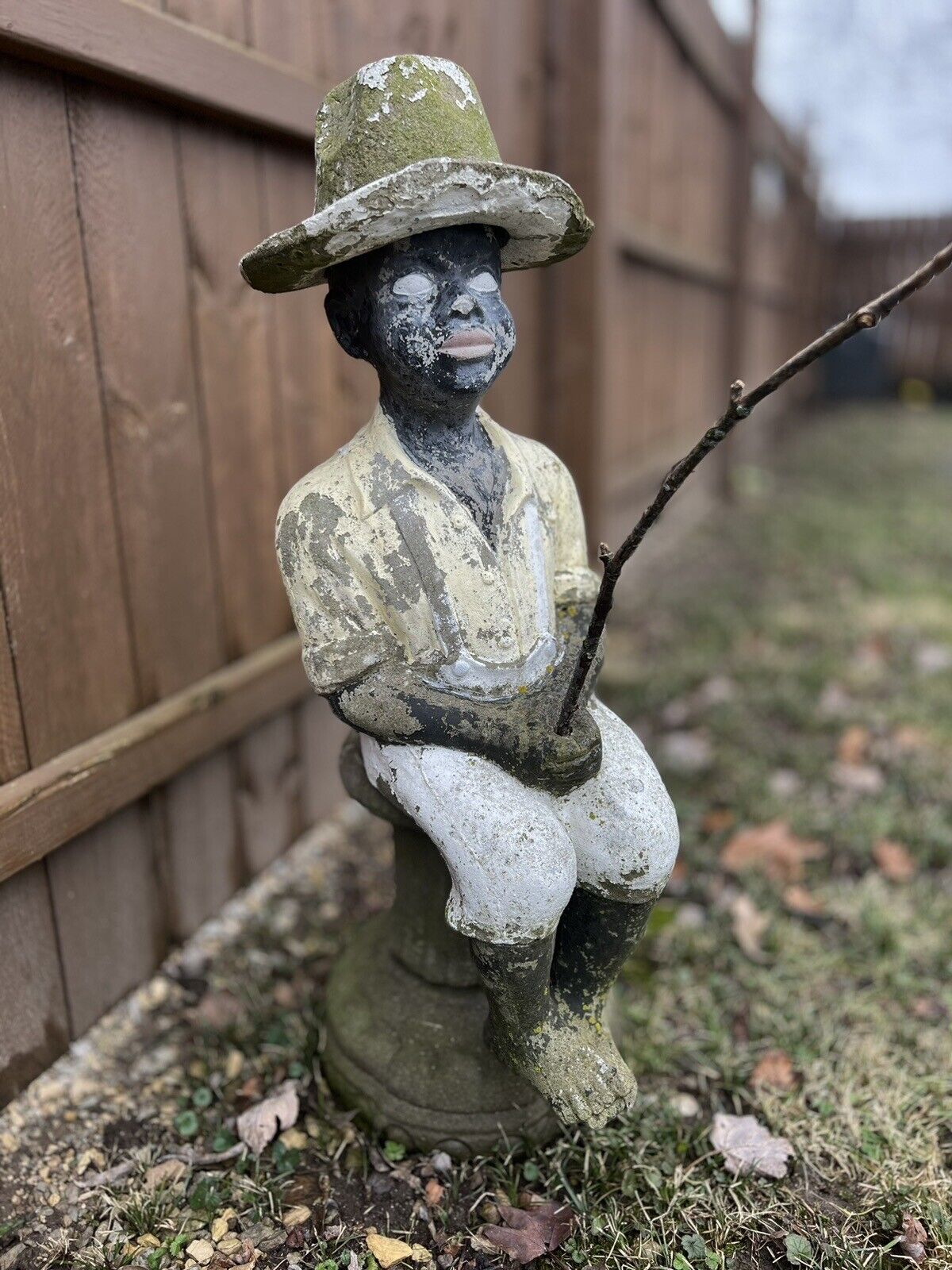 Antique Concrete Fishing Boy Statue With Base. African American