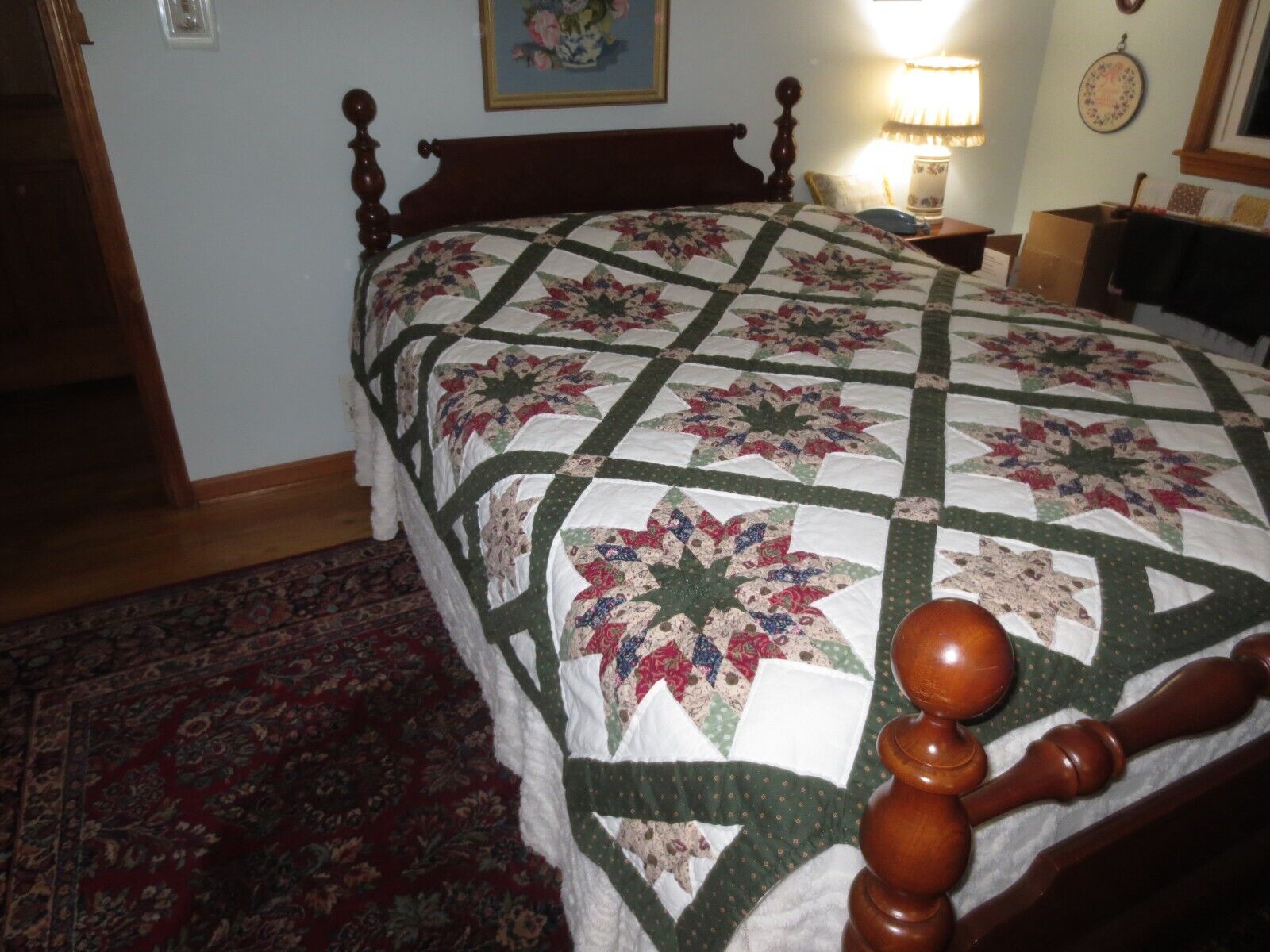 Hand Quilted 8-POINT STAR Cotton PATCHWORK QUILT Bedspread - 84\