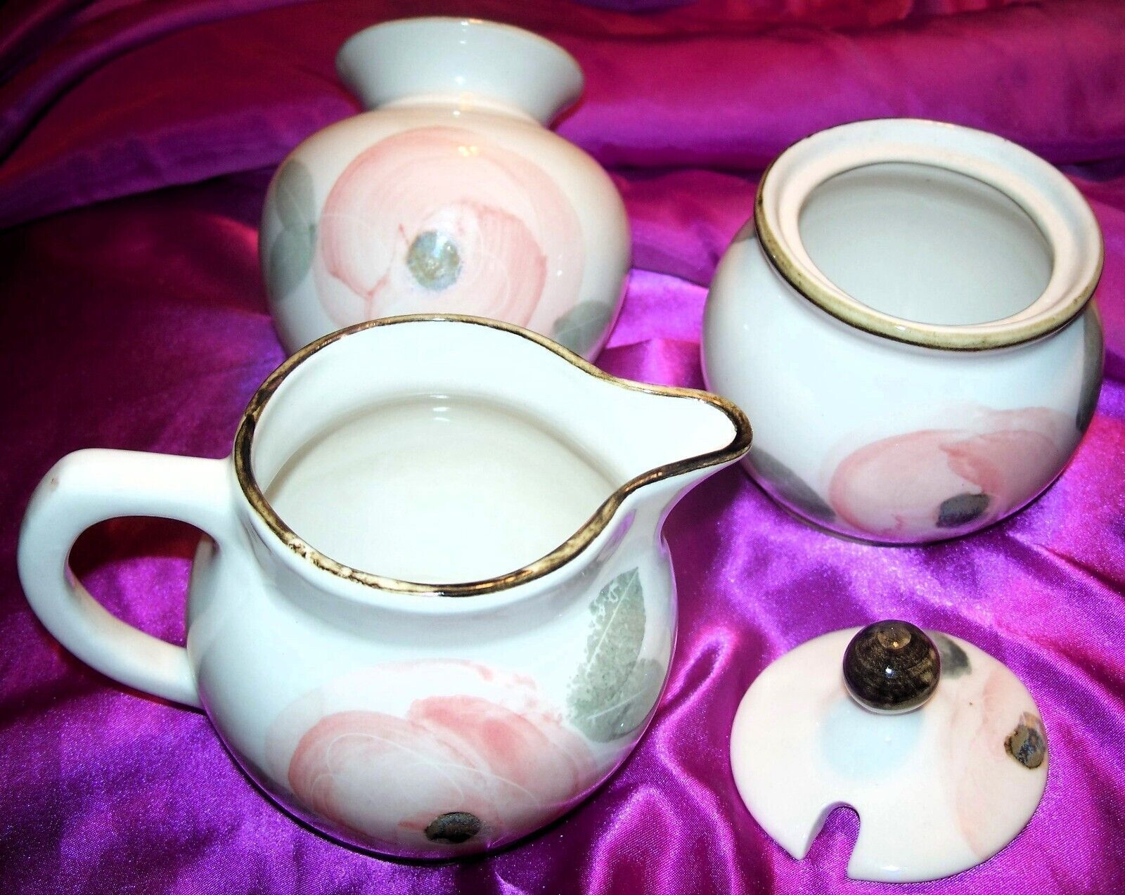 Robert Gordon Australia Pottery Orchard Blossom Pink Sugar Creamer Lid Vase 4 pc