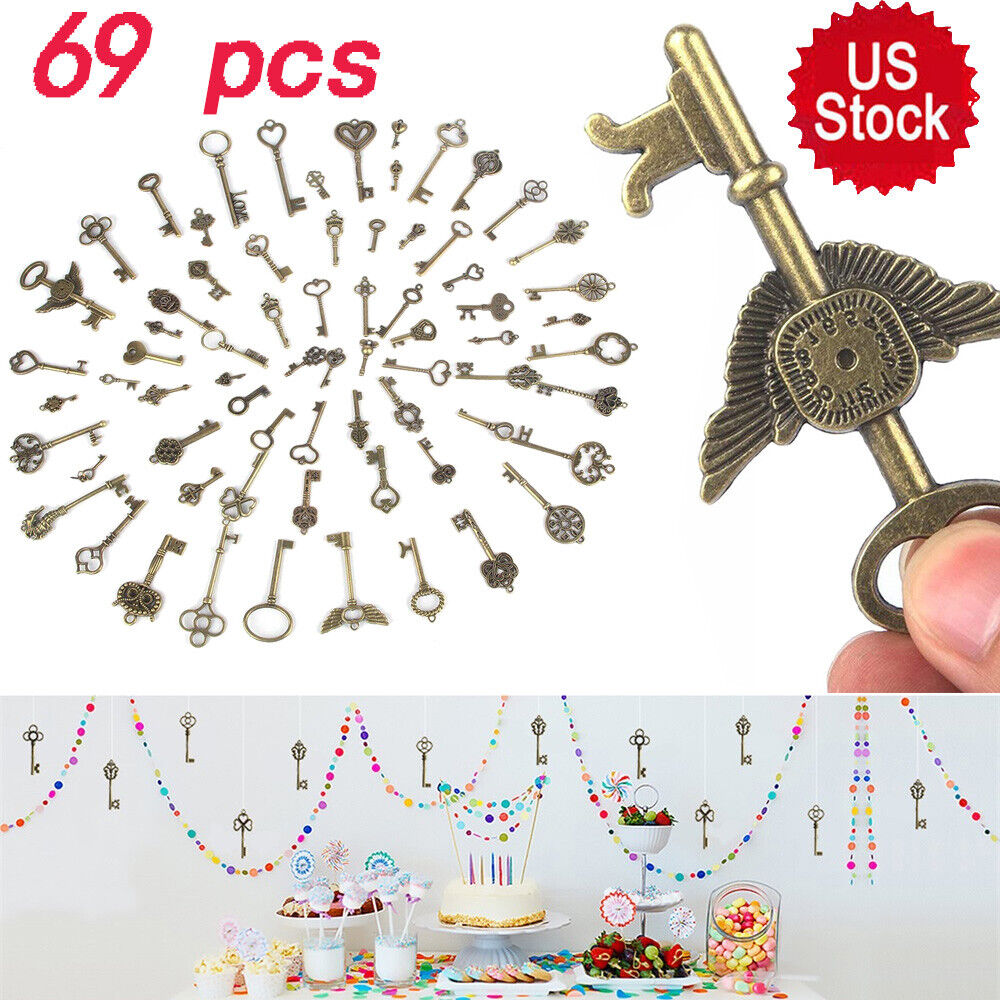 69PCS Keys Antique Vintage Old Look Bronze Skeleton Keys Fancy Heart Bow Pendant