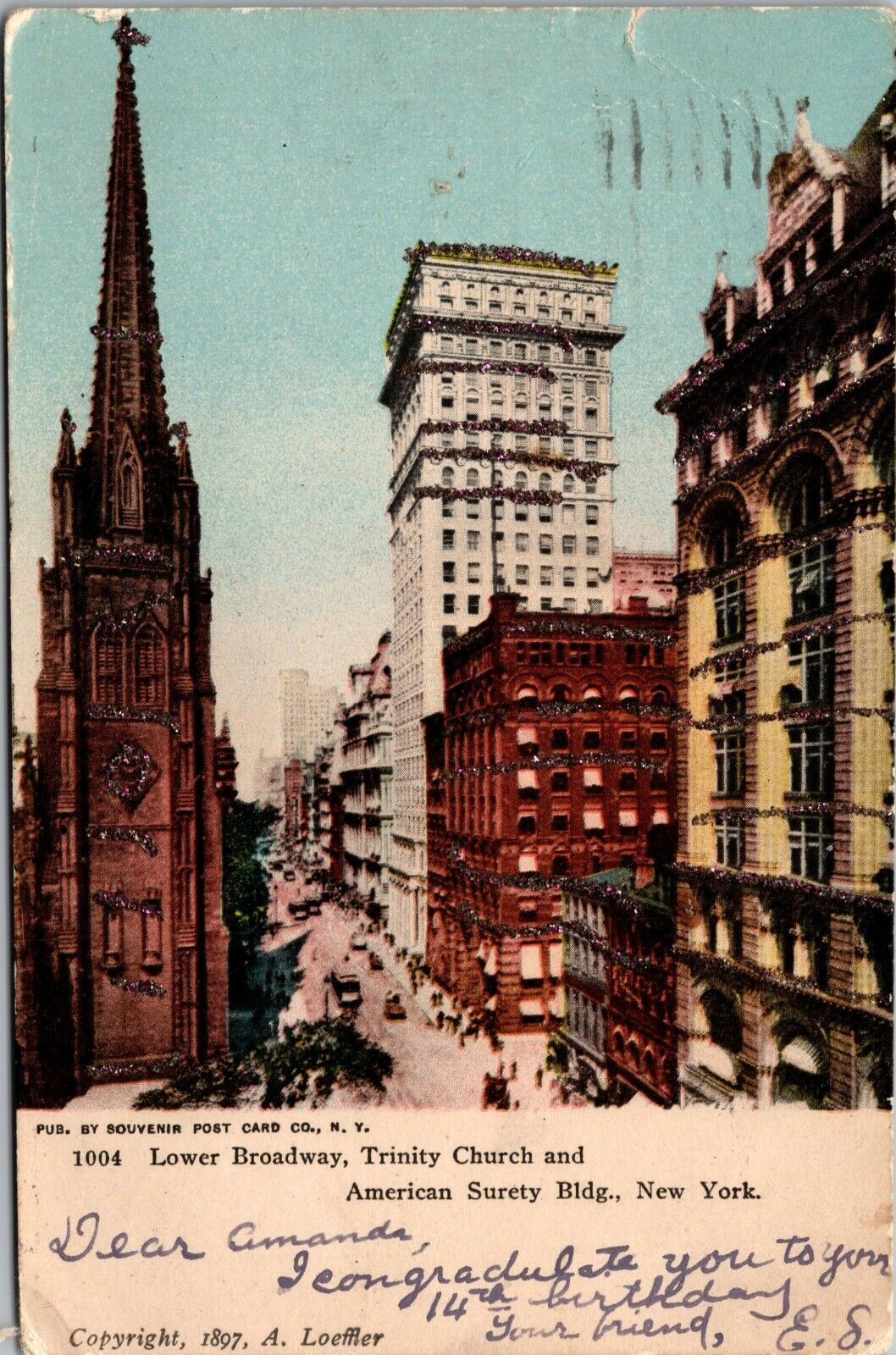 Postcard Trinity Church, Lower Broadway New York, NY - Glitter POSTED 1905