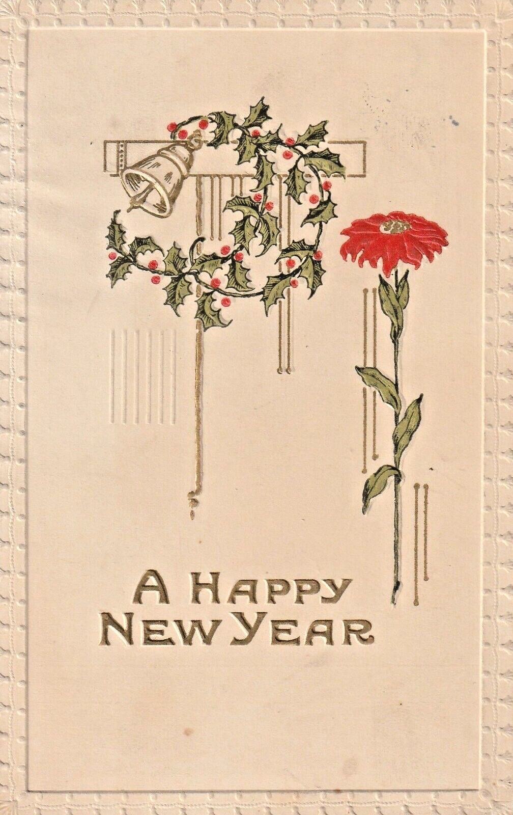 A HAPPY NEW YEAR POSTCARD Art Deco 1910 Holly Garland Bell Flower Embossed