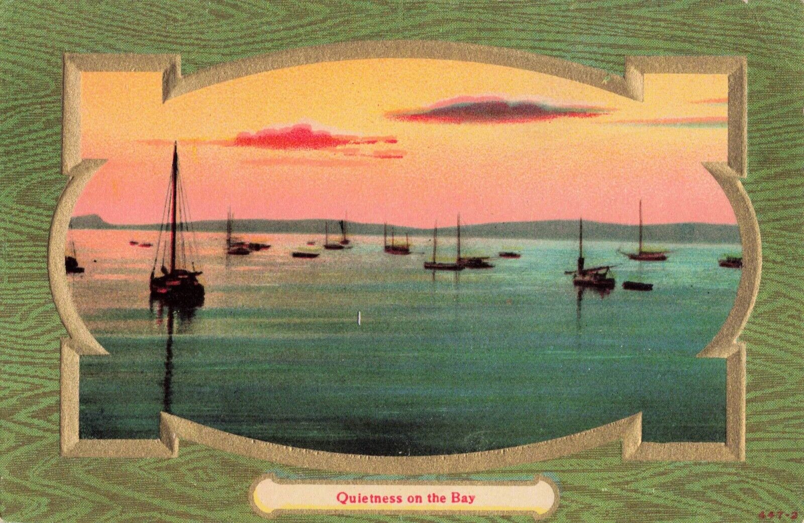 Embossed  PC Sailboats Quietness on the Bay Sunset Vintage PC