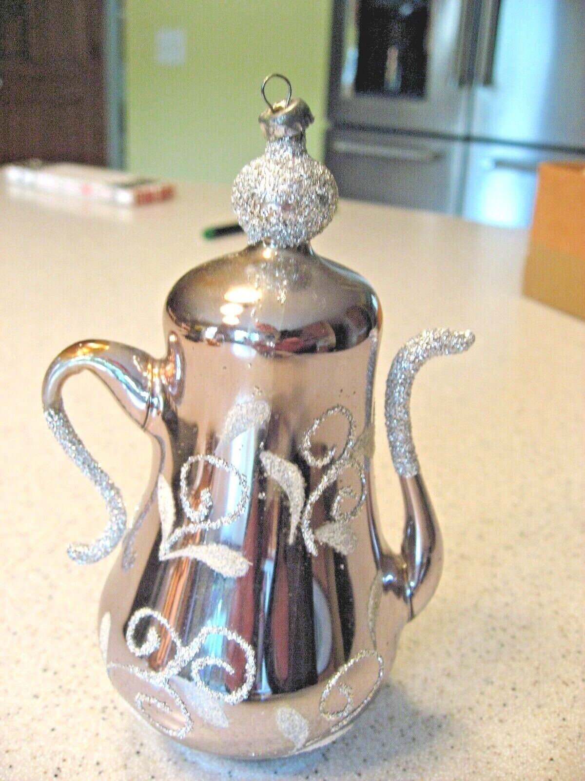 Vintage Silver Tea Coffee Pot with Silver Glitter Glass Christmas Ornament 5.5
