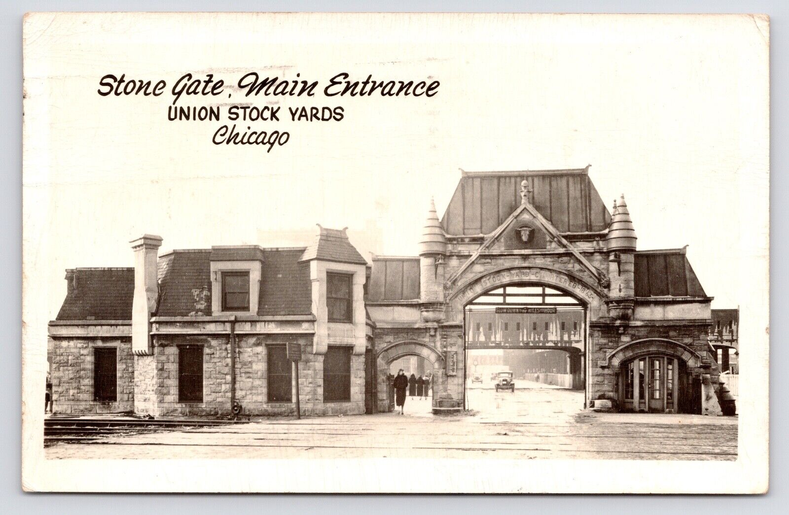 c1940s~Union Stock Yards~Chicago Illinois IL~Main Stone Entrance~RPPC Postcard
