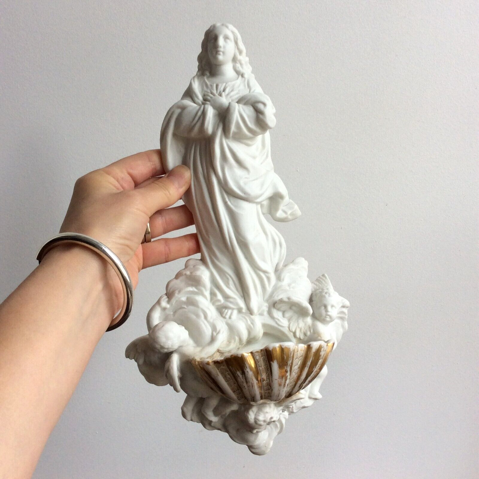 Old Porcelain Stoup Biscuit Virgin Mary Angels 19th Century - Devotion Religion