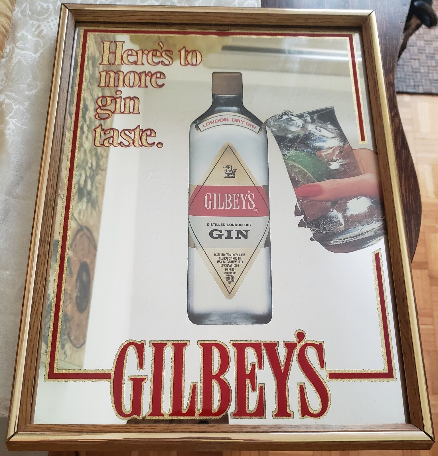 Vintage GILBEYS GIN Mirror Advertising Tavern Bar Mirror 17X13 Inch Wood Frame