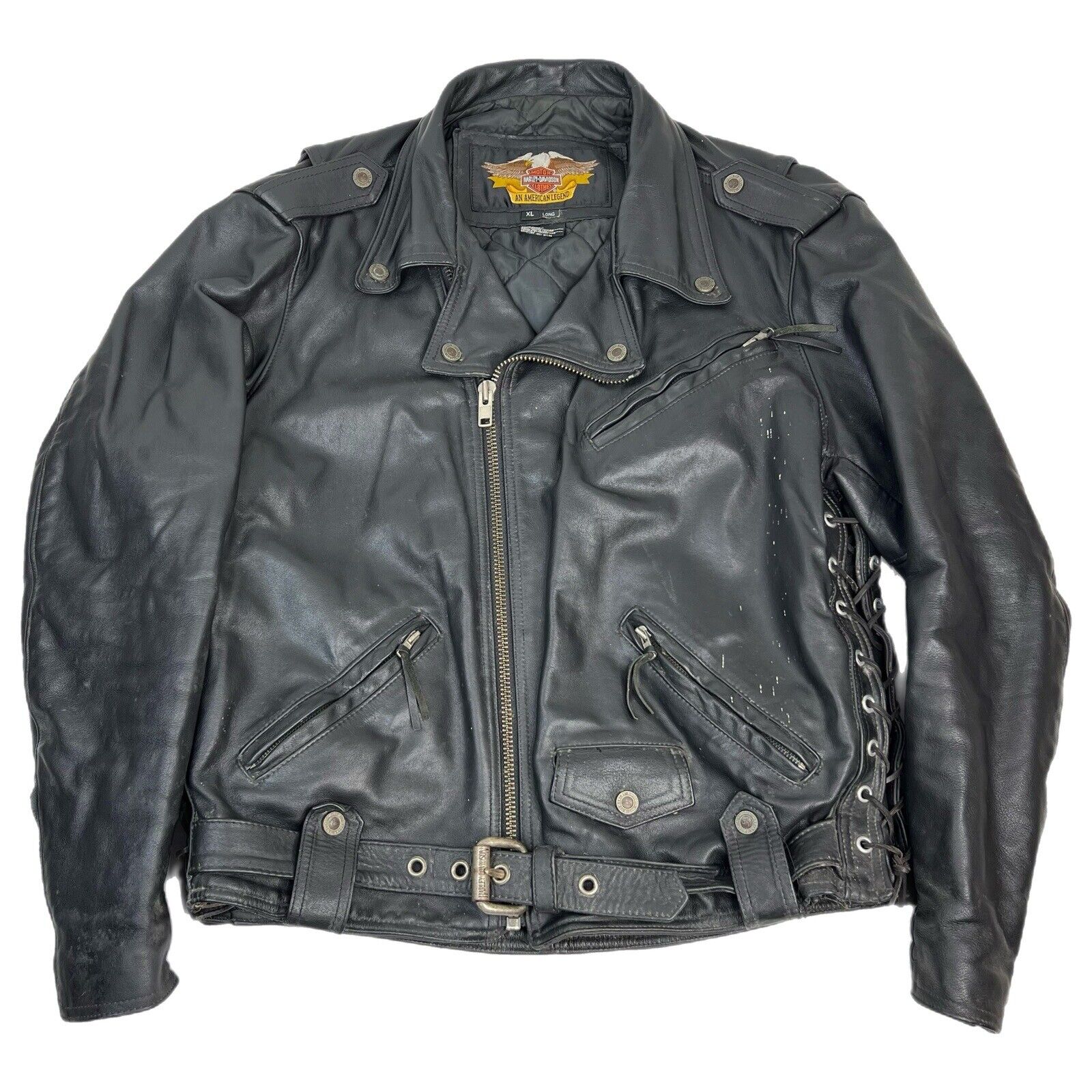 Harley Davidson Leather Jacket Cruiser Buckle Heavy Worn Zip Snap Size XL Long