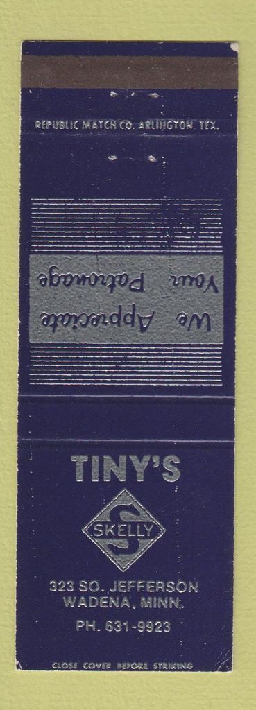 Matchbook Cover - Tiny\'s Skelly oil gas Wadena MN