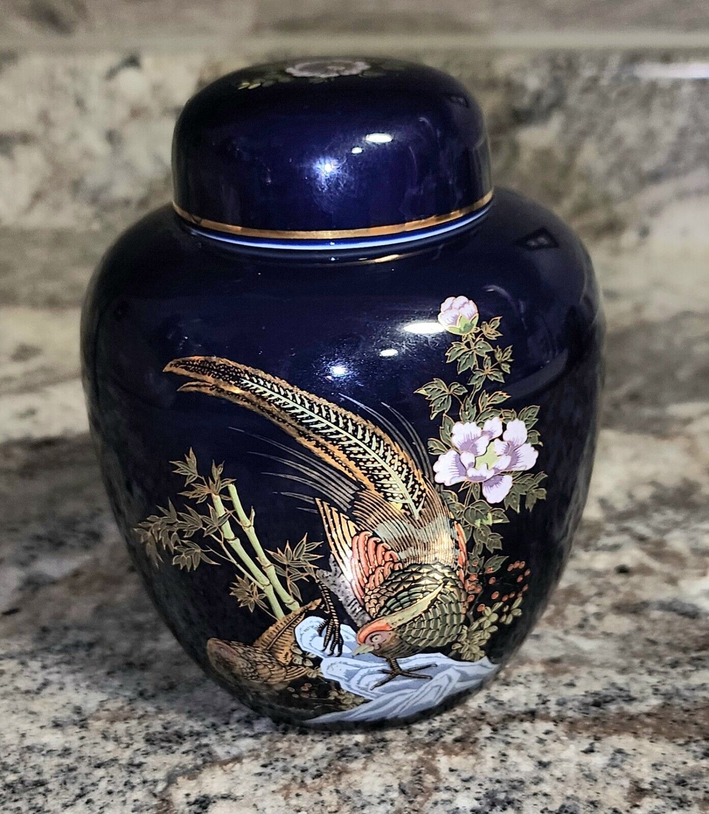 Blue Porcelain Ginger Jar With Oriental Pheasant Scene Vtg