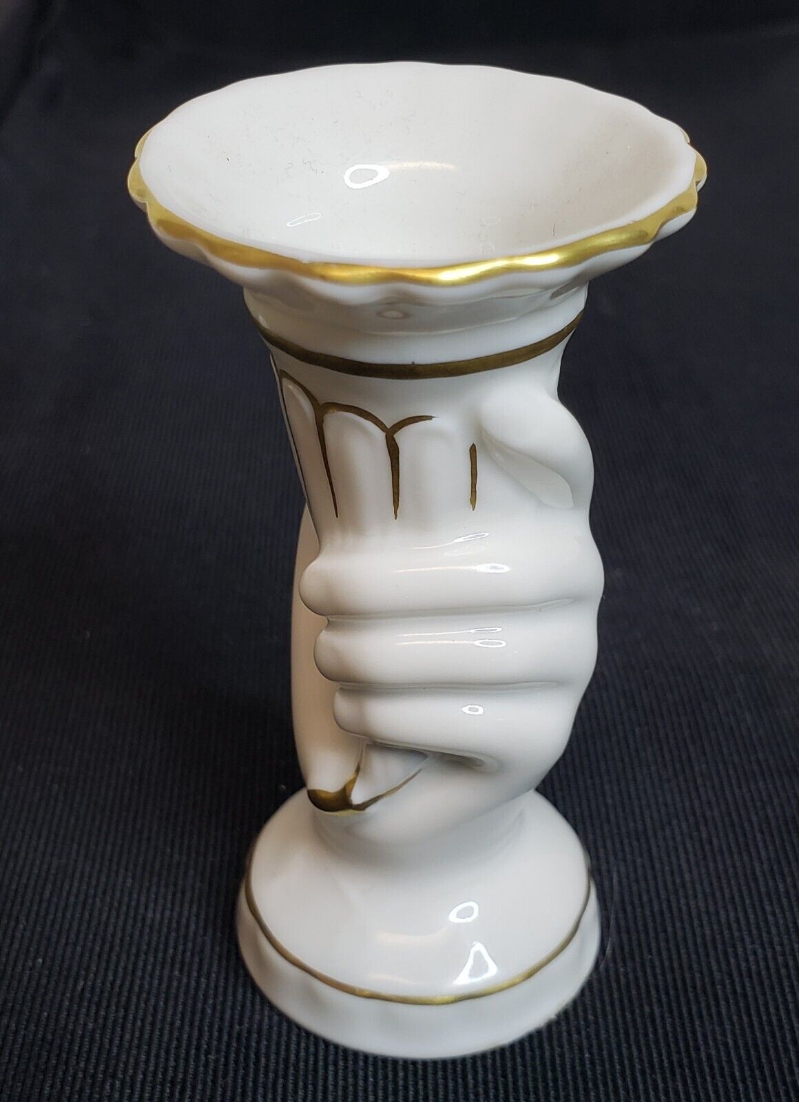 Vintage Figural Hand Vase Vista Alegre Portugal Porcelain White & Gold Trim 