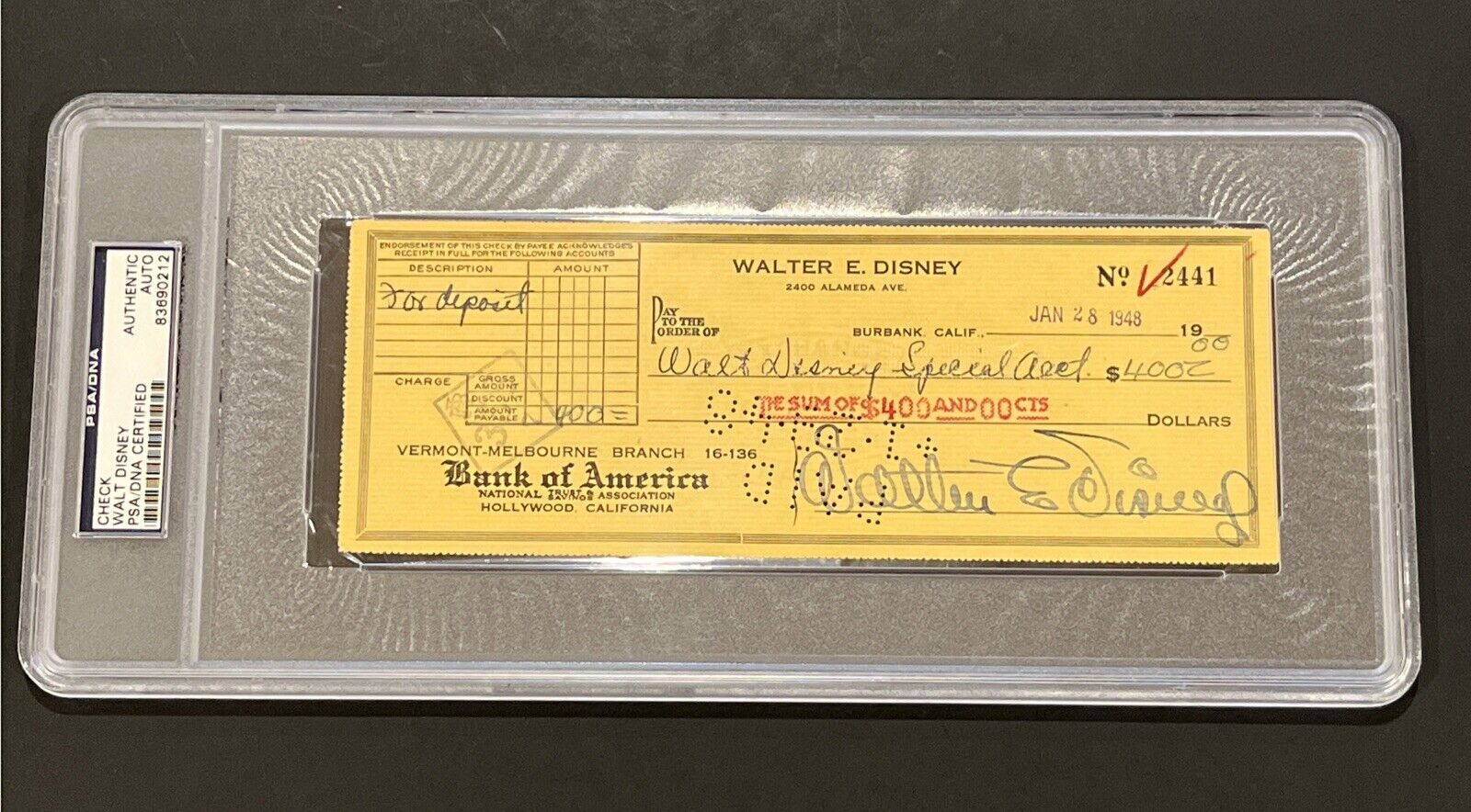 Rare 1948 WALT DISNEY Signed Business Check - Full Signature - PSA Slabbed