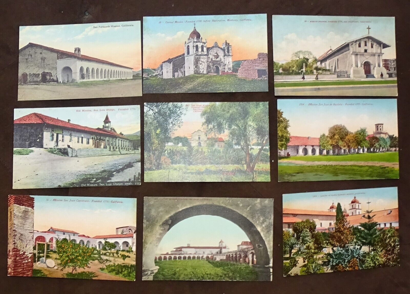 9 Antique Ramona's Marriage Place San Diego Postcards - various Calif. Missions