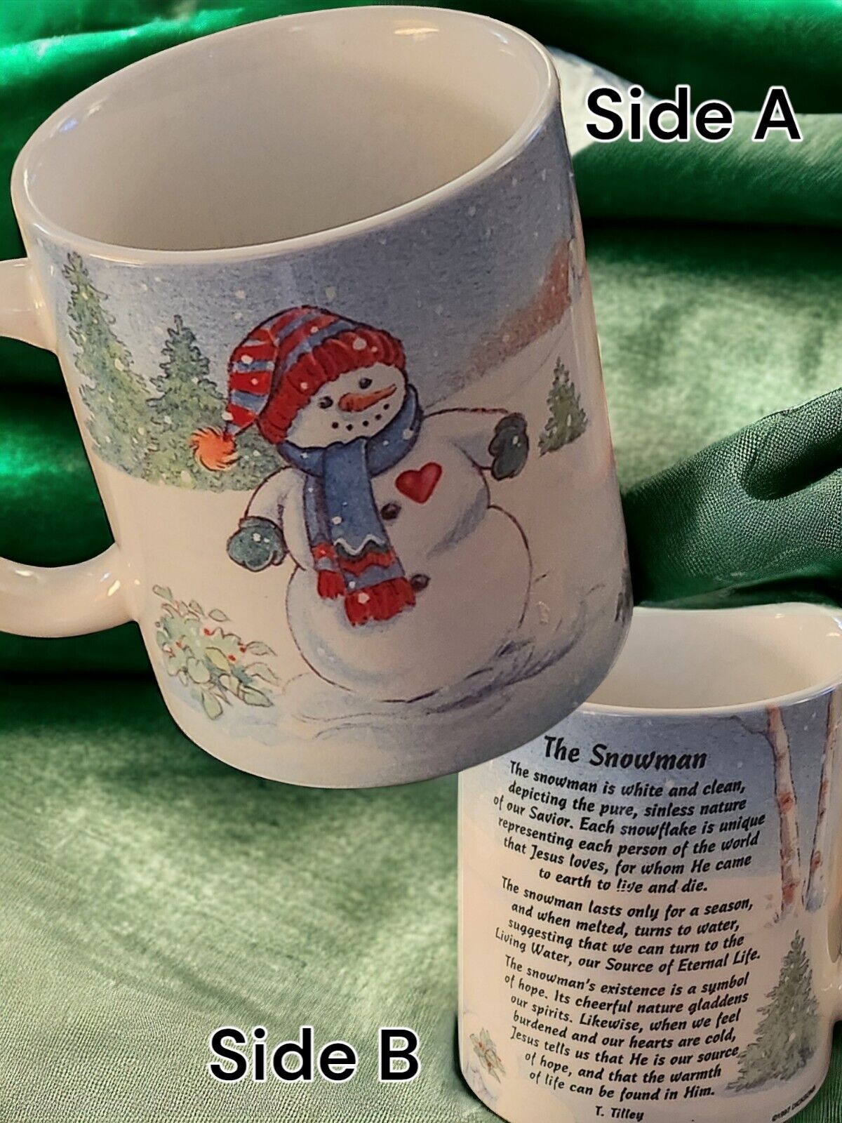 Coffee Mug Tea Vtg The Snowman Poem Story Origin By T Tilley 1997 Christian Rare