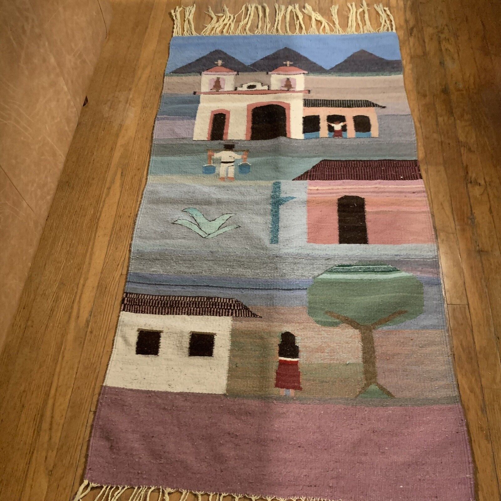 VTG Southwestern Tapestry/Rug Handwoven Village Scene With Church Wool 58 X 31”