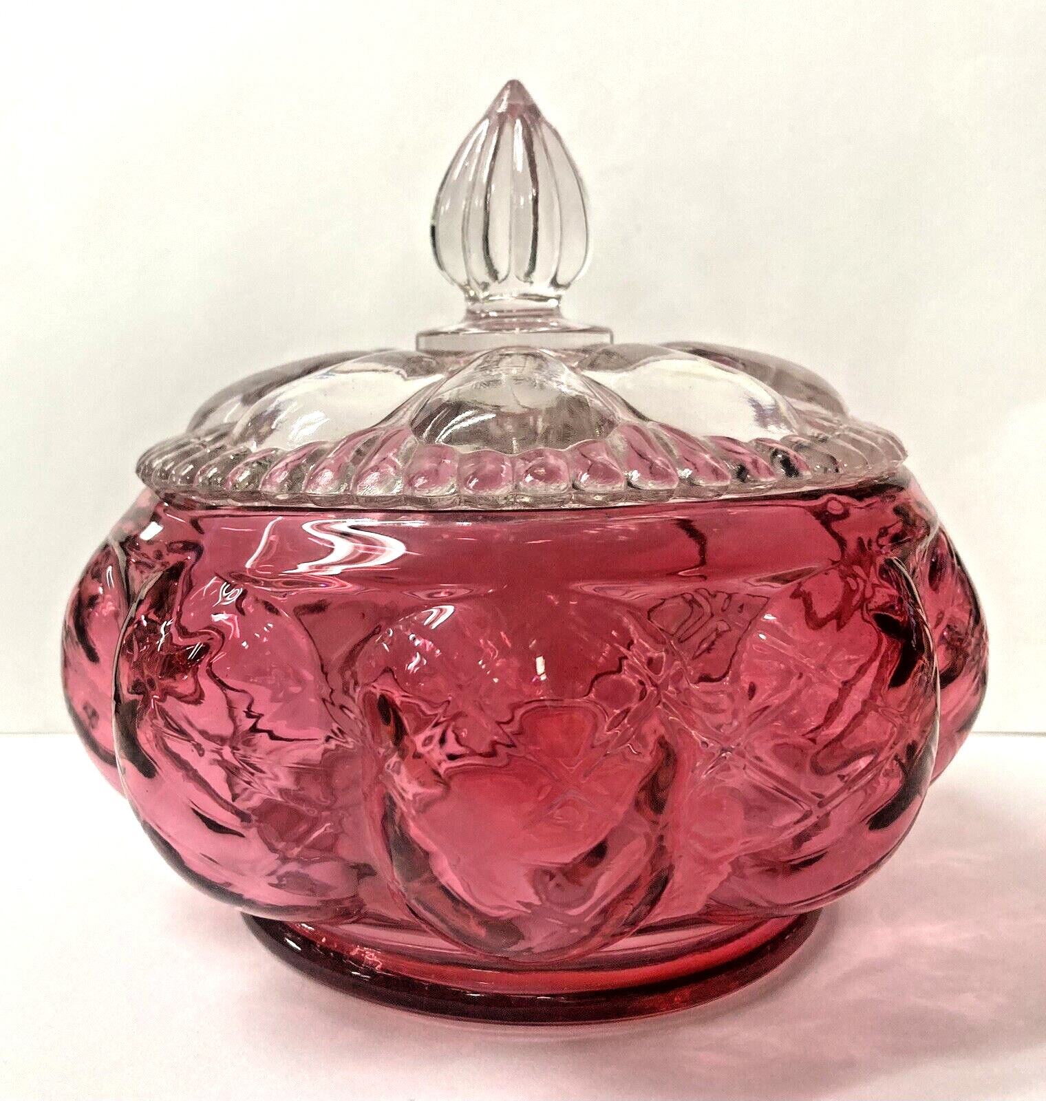 Fenton Diamond Optic Melon Shape Ruby Cranberry Covered Glass Powder Candy Jar