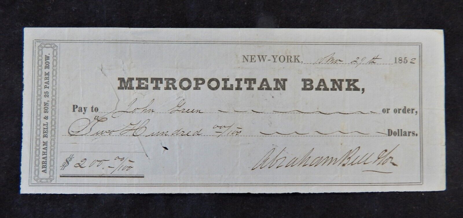 New York Metropolitan Bank Check - Year 1852