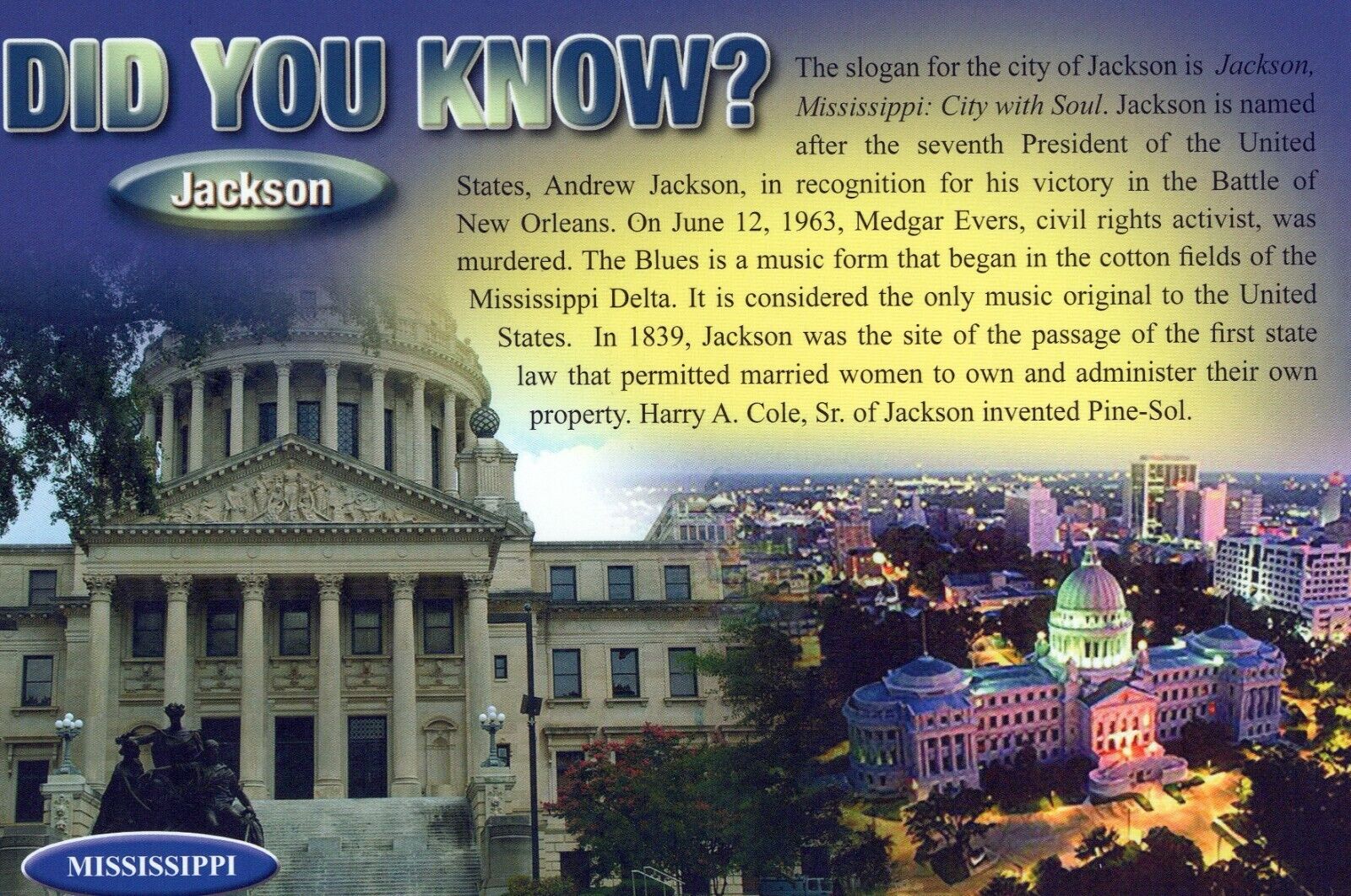 Did You Know? Jackson Mississippi UNP 4x6 Postcard