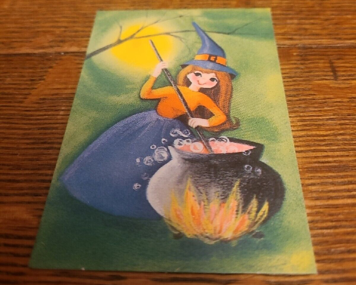 Vintage Halloween Bridge Tally Card - Witch with Bubbling Cauldron