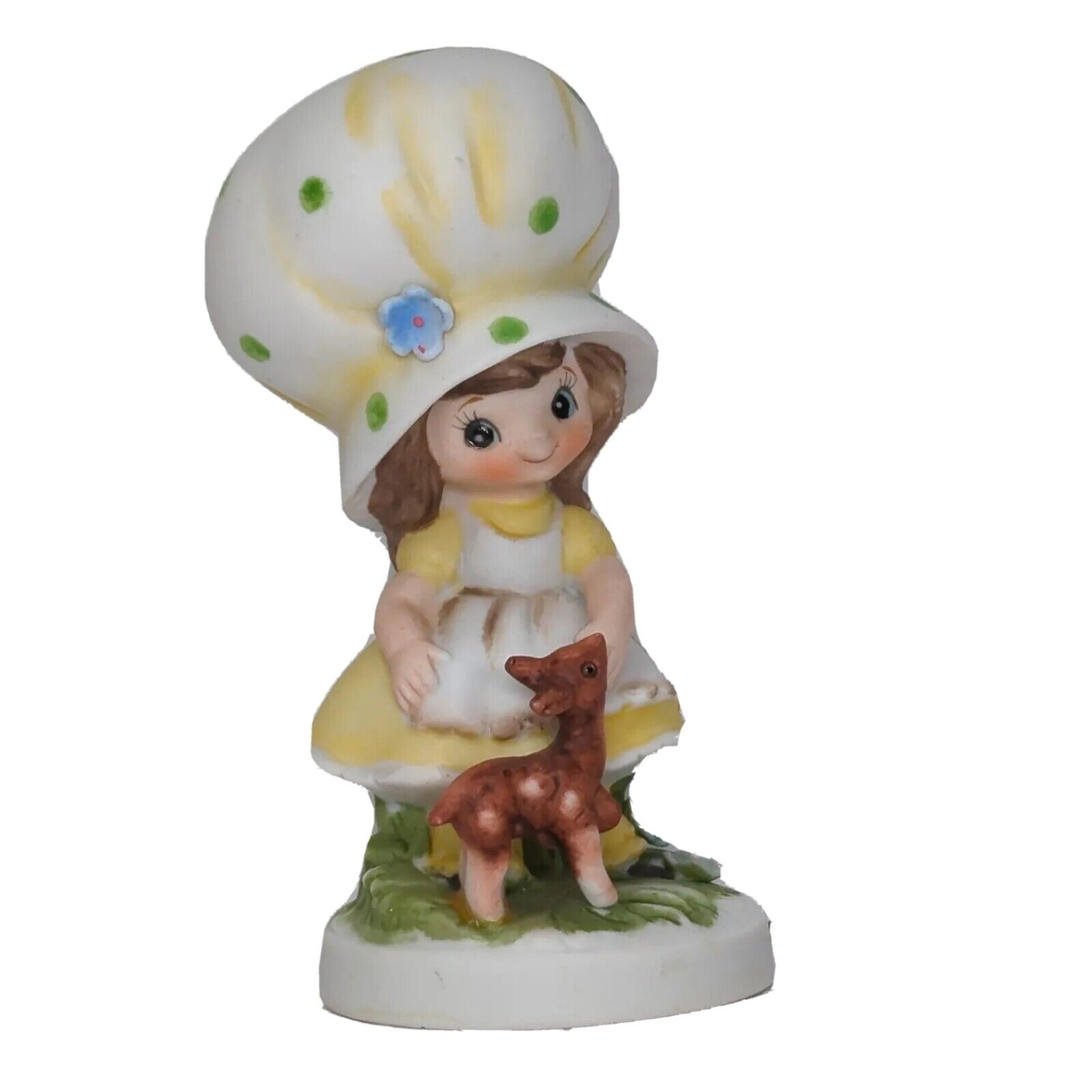 Vintage 1960\'s Lefton Yellow Bonnet Figurine Girl with Baby Fawn 7988 Taiwan 