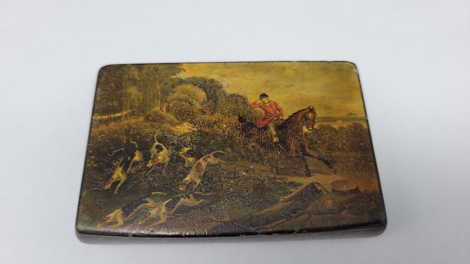 Antique 1840 Hand-Painted Hunting Scene Wood Snuff Box