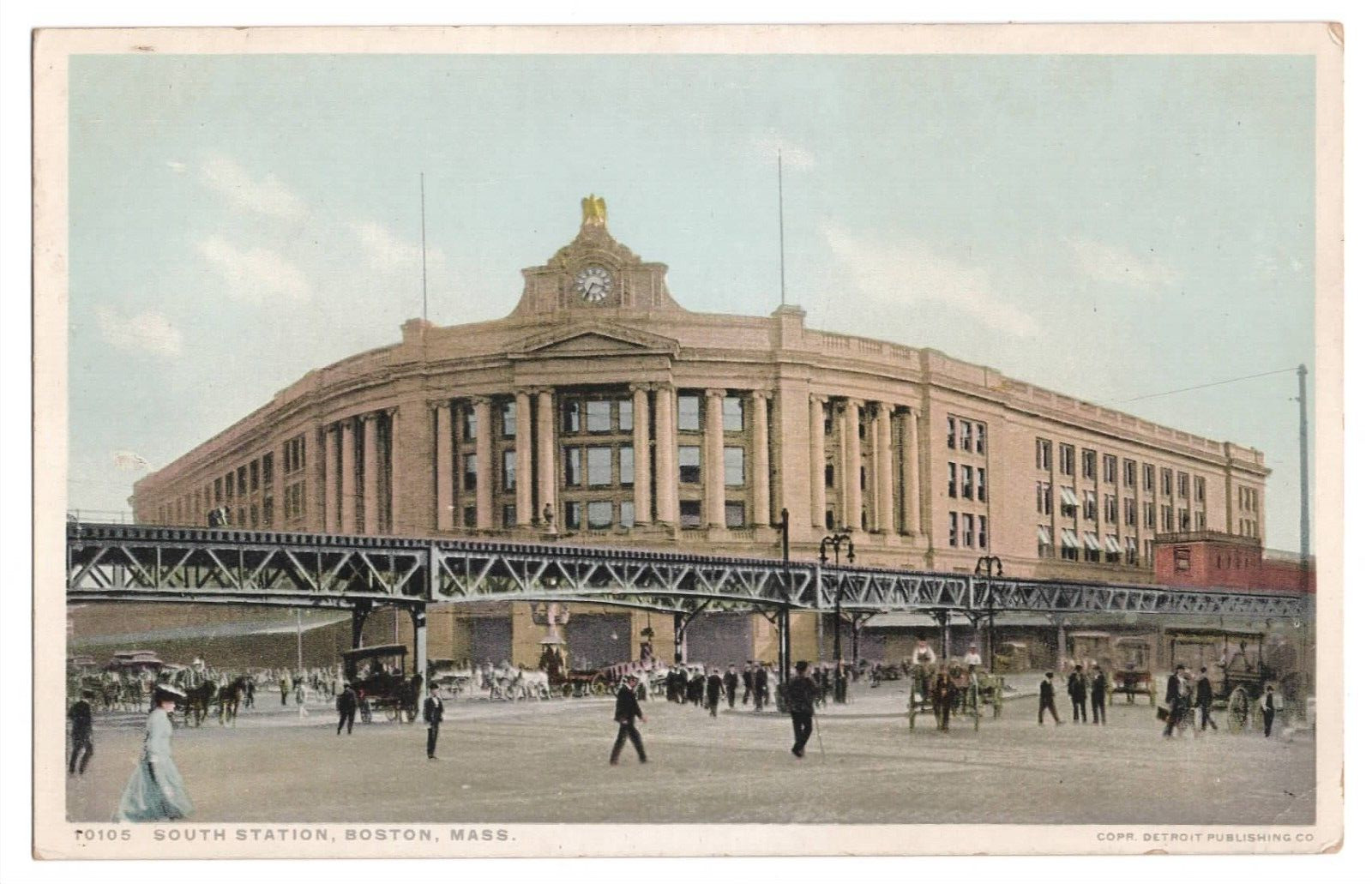 Boston MA South Station Train Railroad Depot 1920s VTG Clock Rail Postcard 