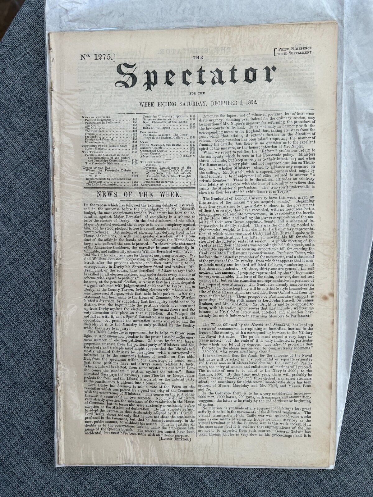 THE SPECTATOR 4 DEC 1852 USA SLAVES LOUIS NAPOLEON ORIGINAL NEWSPAPER
