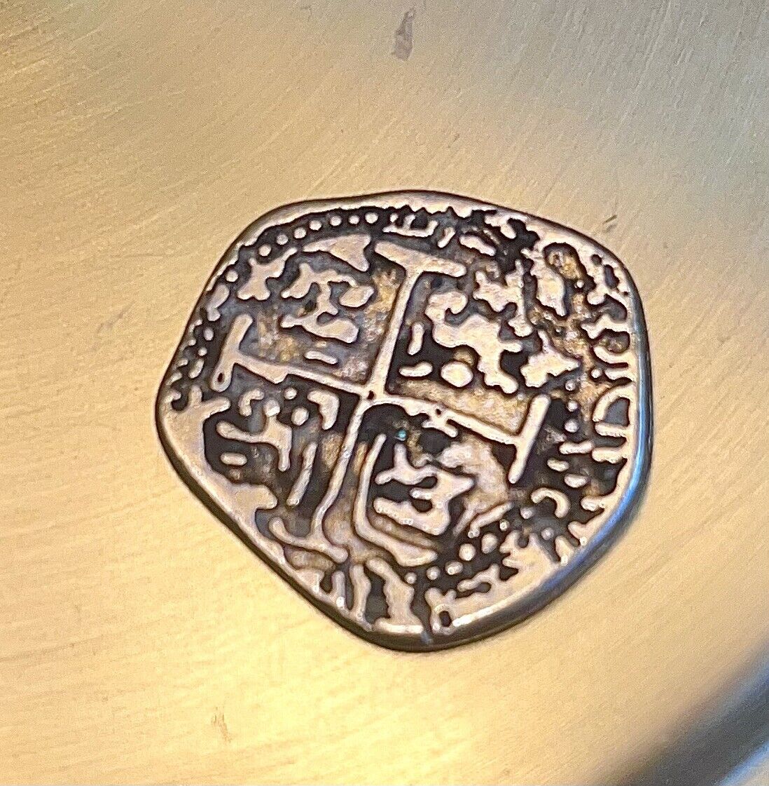 1600s antique religious cross Atocha relic unusual script metal coin 51042