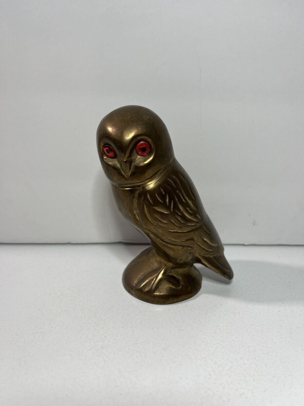 Vintage Brass Owl Figurine Red Eyes Spooky Decoration
