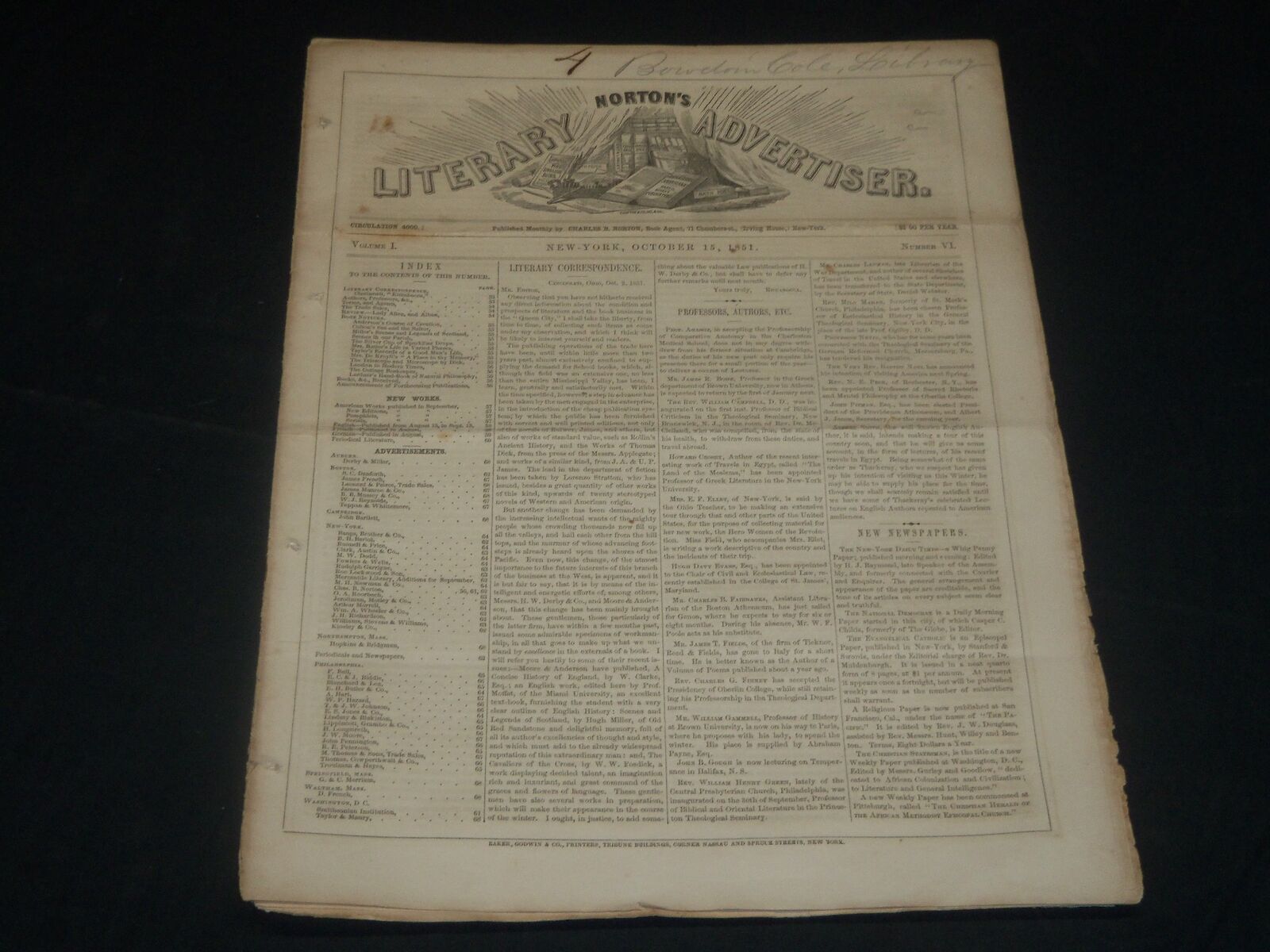 1851 OCTOBER 15 NORTON\'S LITERARY ADVERTISER NEWSPAPER -VOLUME 1 NO. 6 - NP 4383