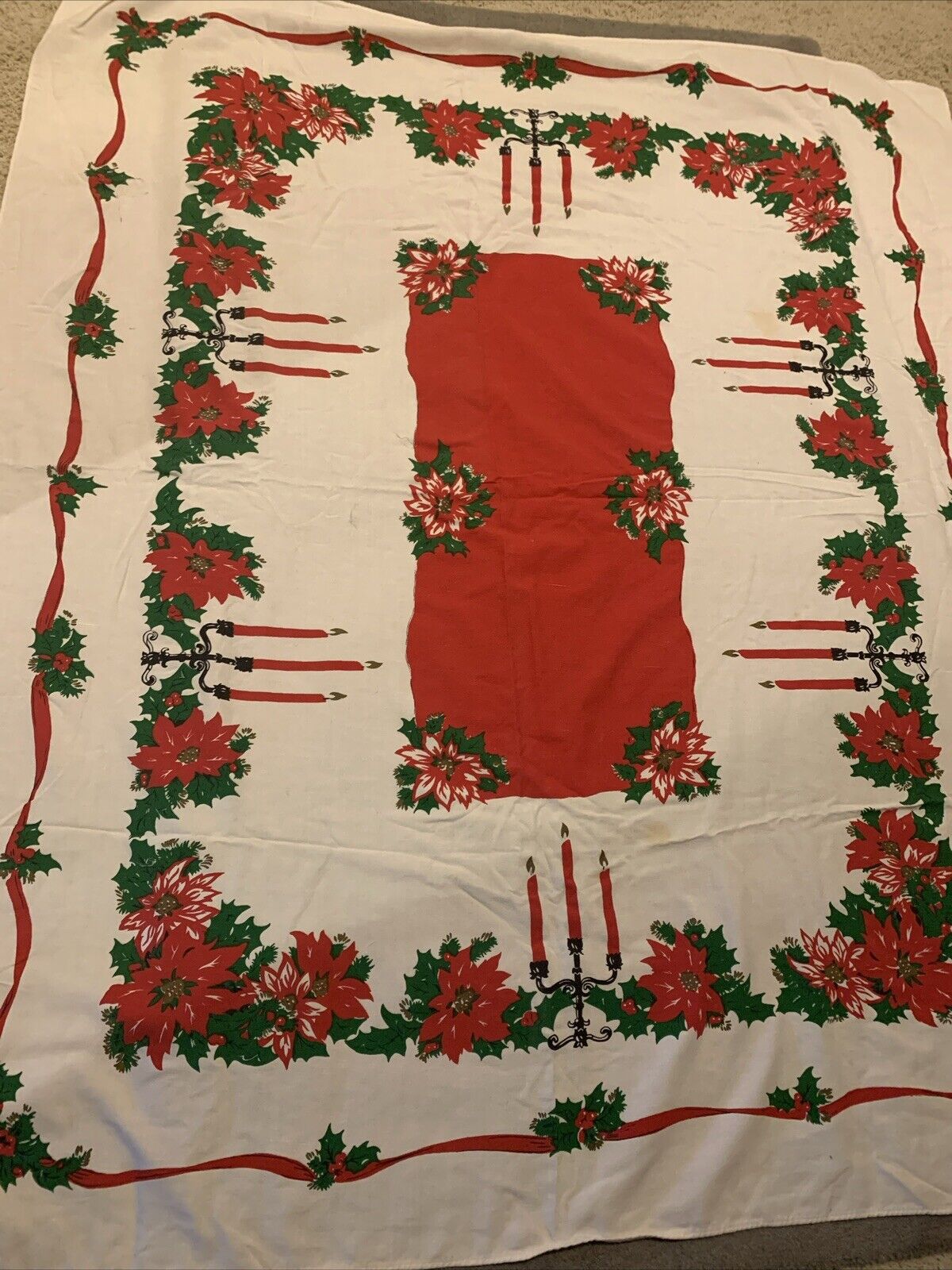 Vtg Mid Century Cotton Print Christmas Tablecloth Poinsettias Candlesticks Red 