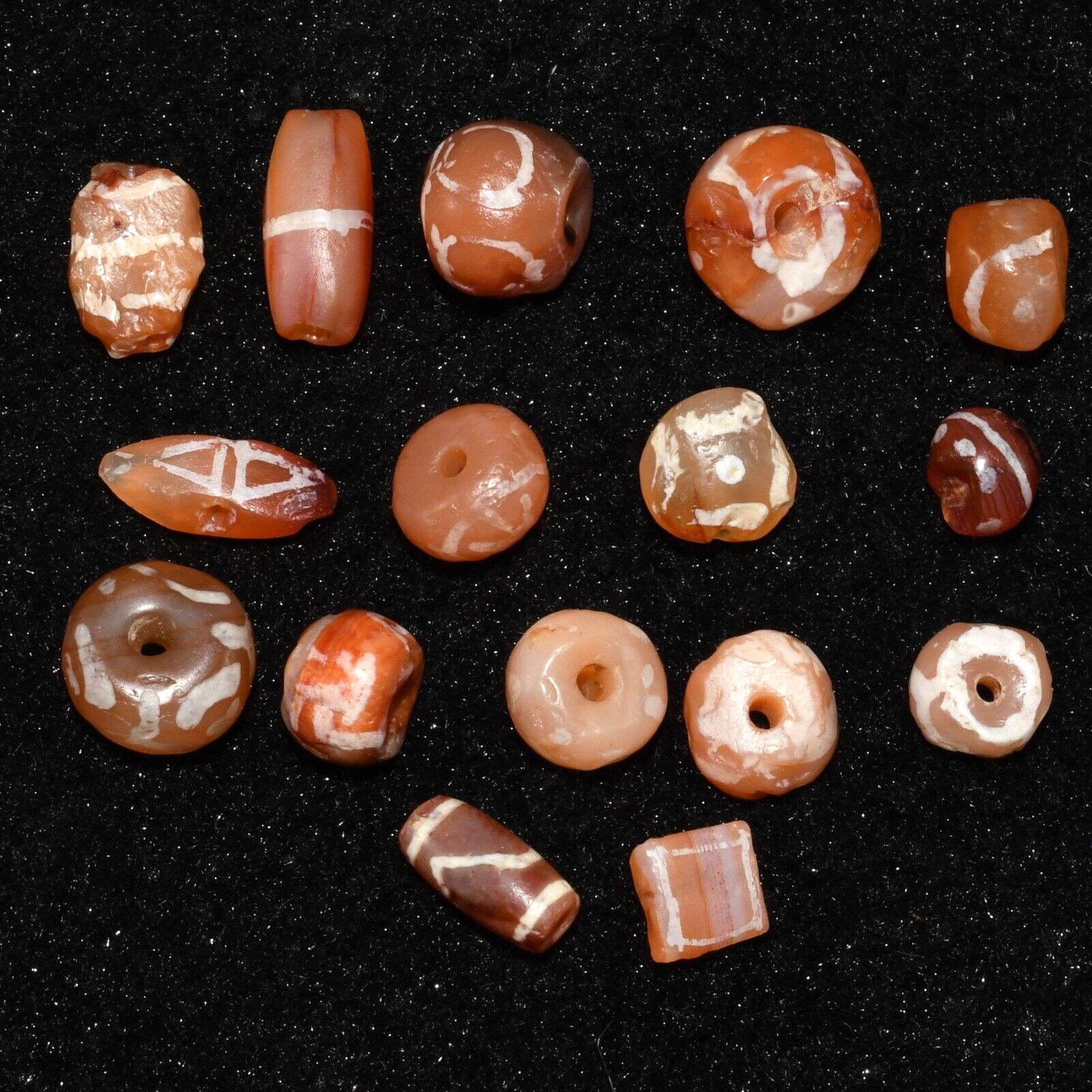 16 Ancient Etched Carnelian Beads in Good Condition 1500 to 2000 Years Old