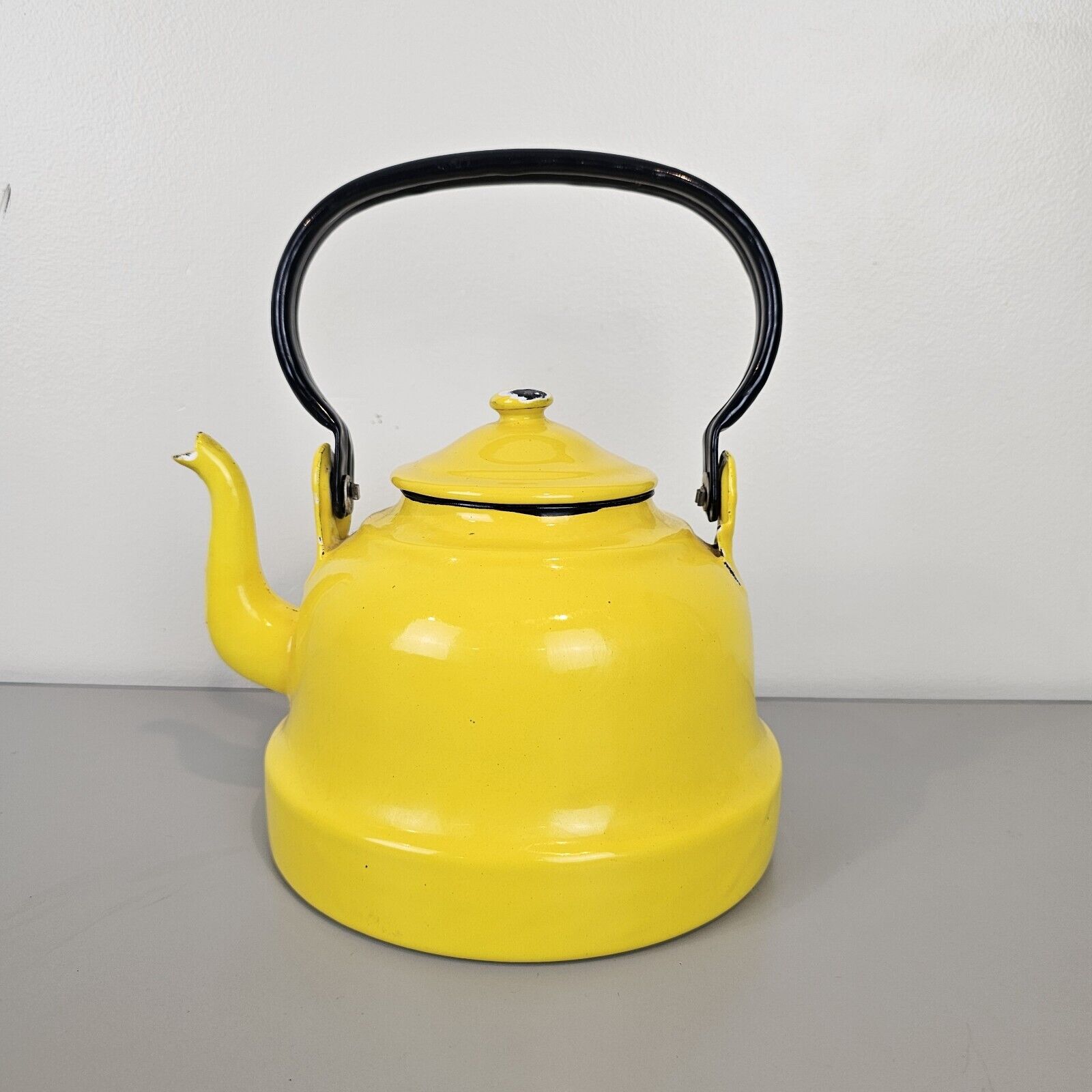 Vintage Yellow Enamel Tea Kettle Teapot Made In Poland