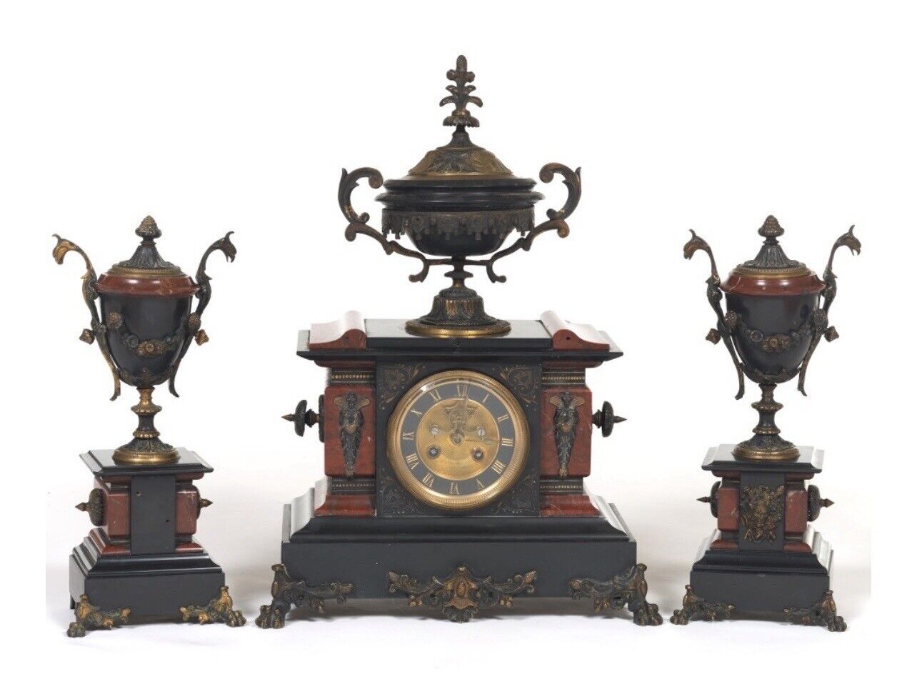 Antique Samuel Marti French Rouge Marble &Bronze  8 Day Mantle Clock Garniture