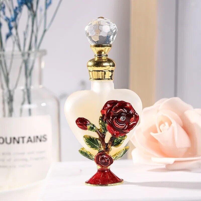 12ml Vintage Elegant Fine Embossed Rose Enameled Large Heart Oil Perfume Bottle