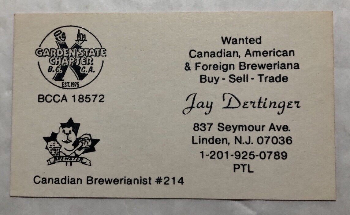 Canadian Brewerianist, Garden State Chapter, Linden, N.J. Business Card