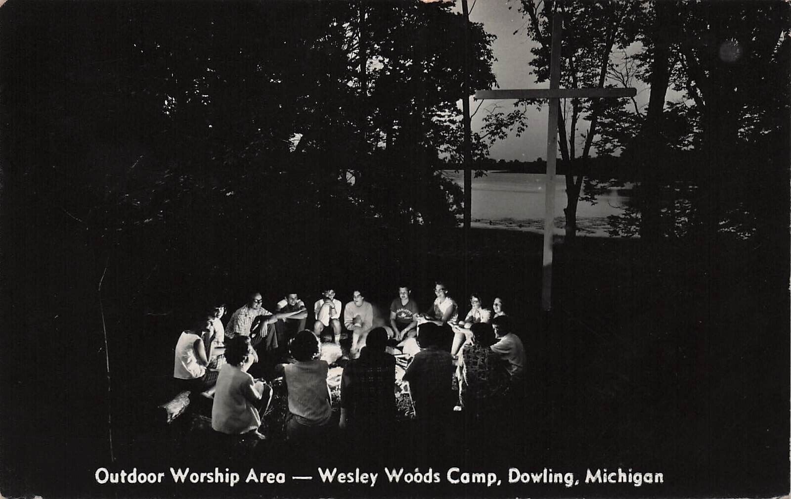 RPPC Dowling MI Michigan Wesley Woods Camp Fire Battle Creek Photo Postcard E41