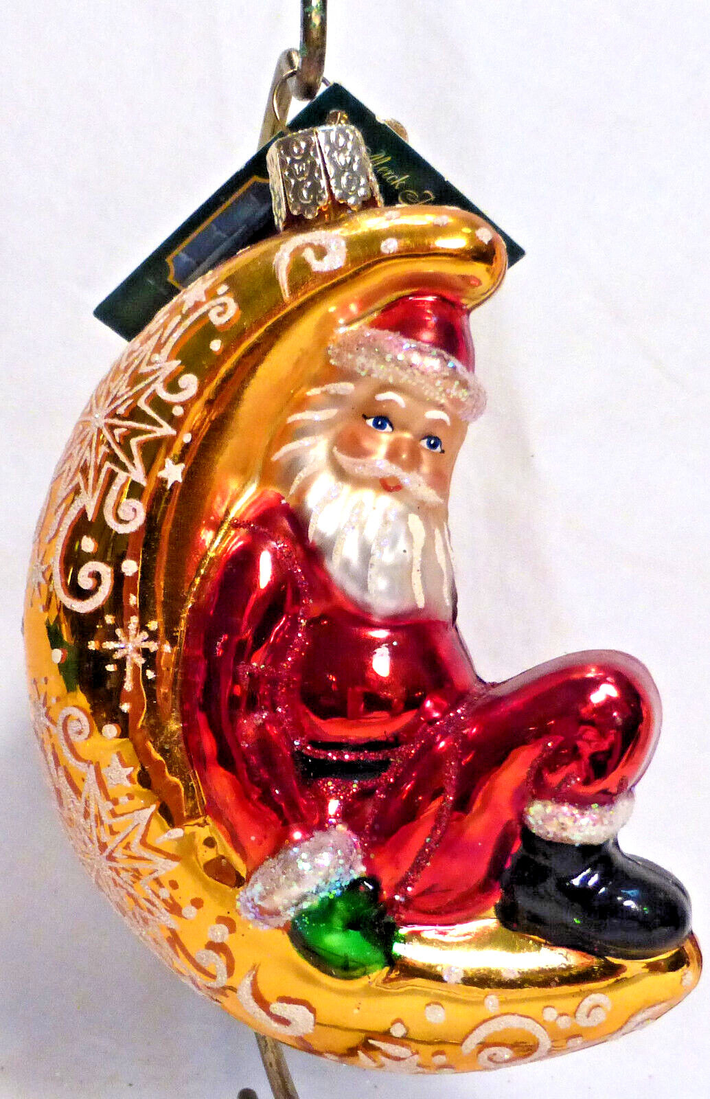 OWC Old World Christmas Blown Glass Celestial Santa #40178 sits in the half moon