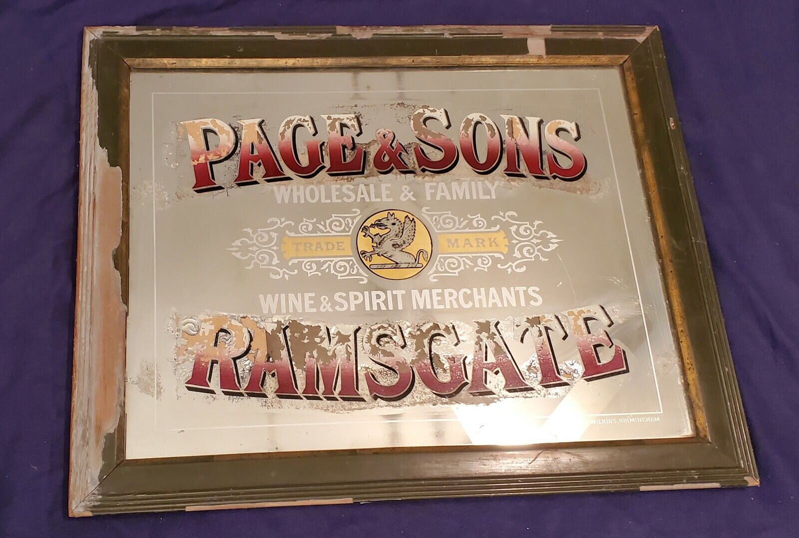 A RARE Antique 1800’s Page & Sons Liquor London Ramsgate England Mirror Sign