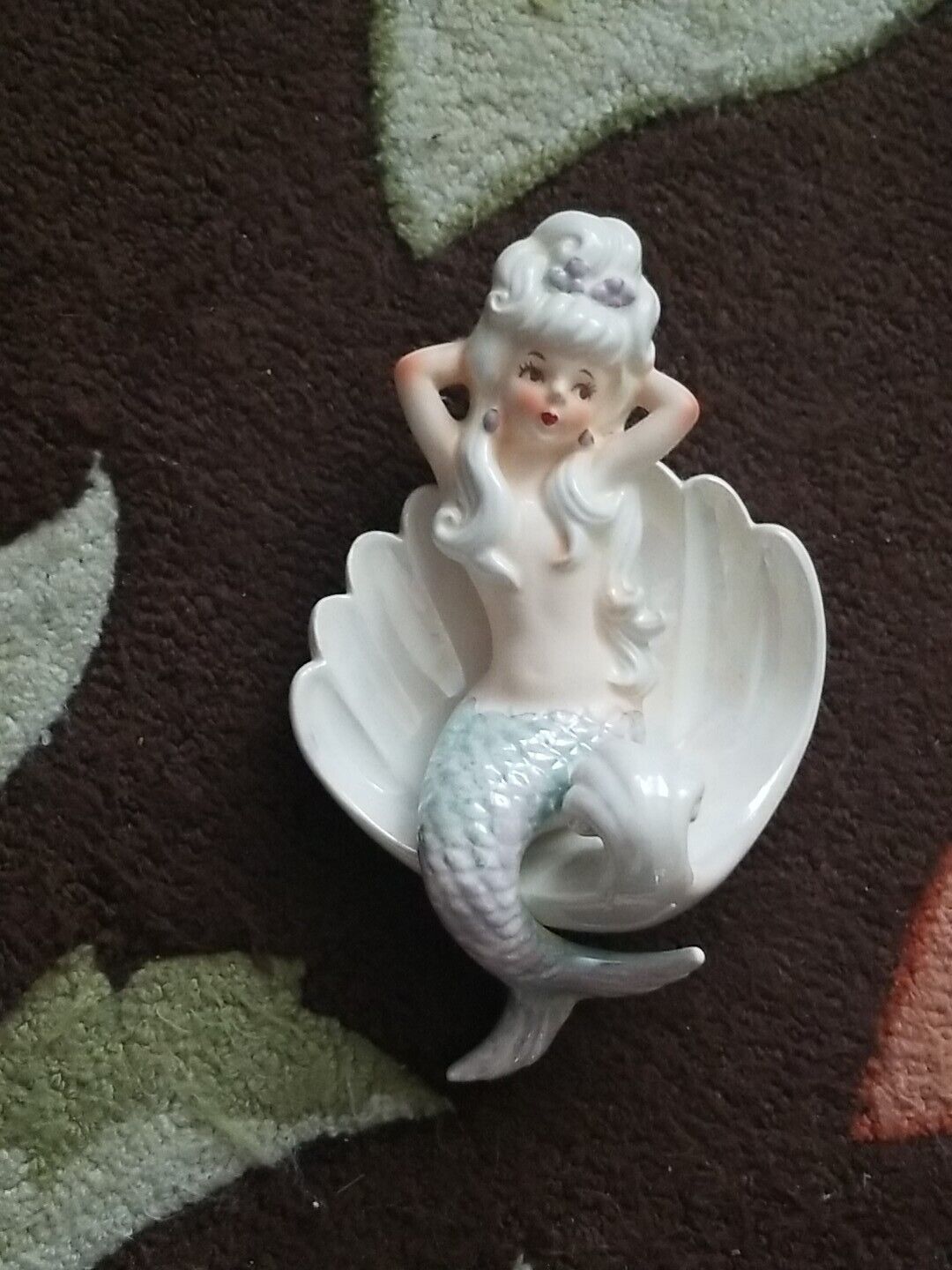 Lefton Green Purple -Tailed Mermaid in Wave Wall Plaque, Japan 