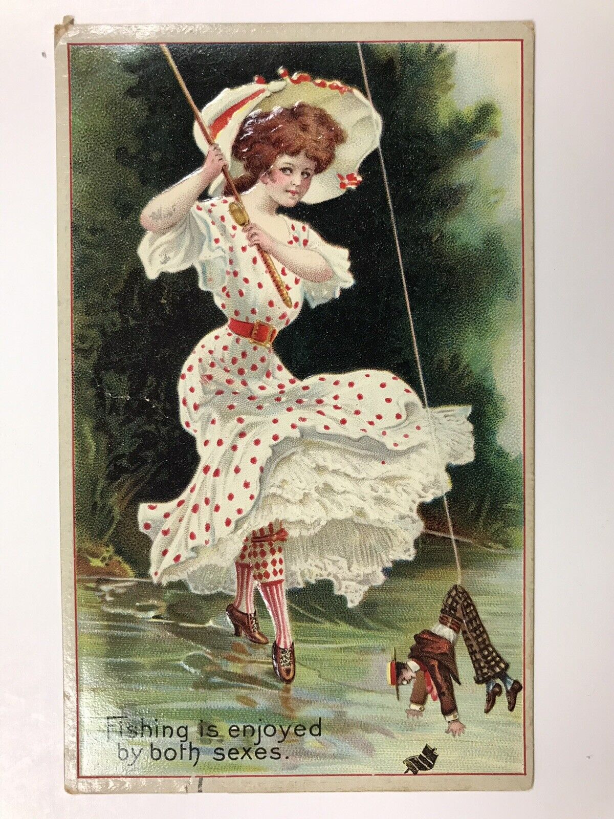 vintage 1910 cute young lady fishing man divided back post card