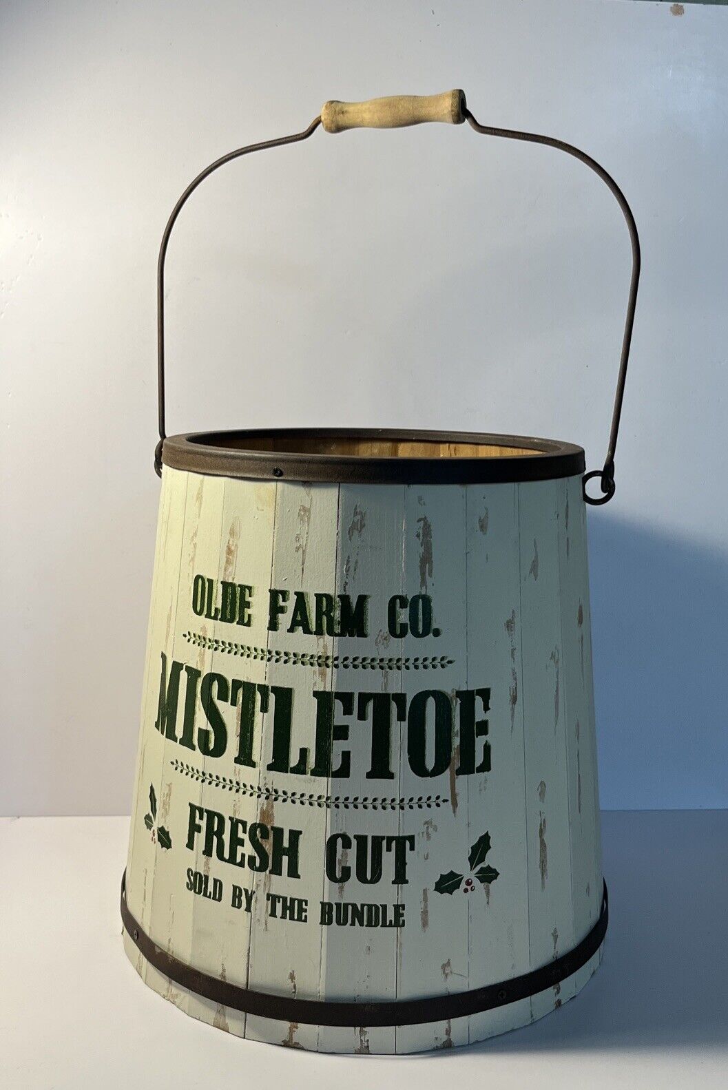 White Wood 12” Bucket With Handle Christmas Decor - Olde Farm Co Mistletoe