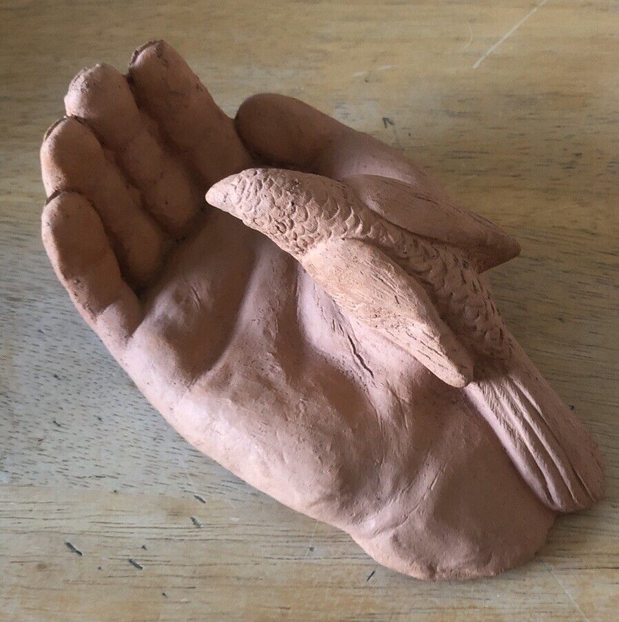 Hand With Bird Sculpture Terra Cotta Clay Hand Made Decor Garden Bird Seed