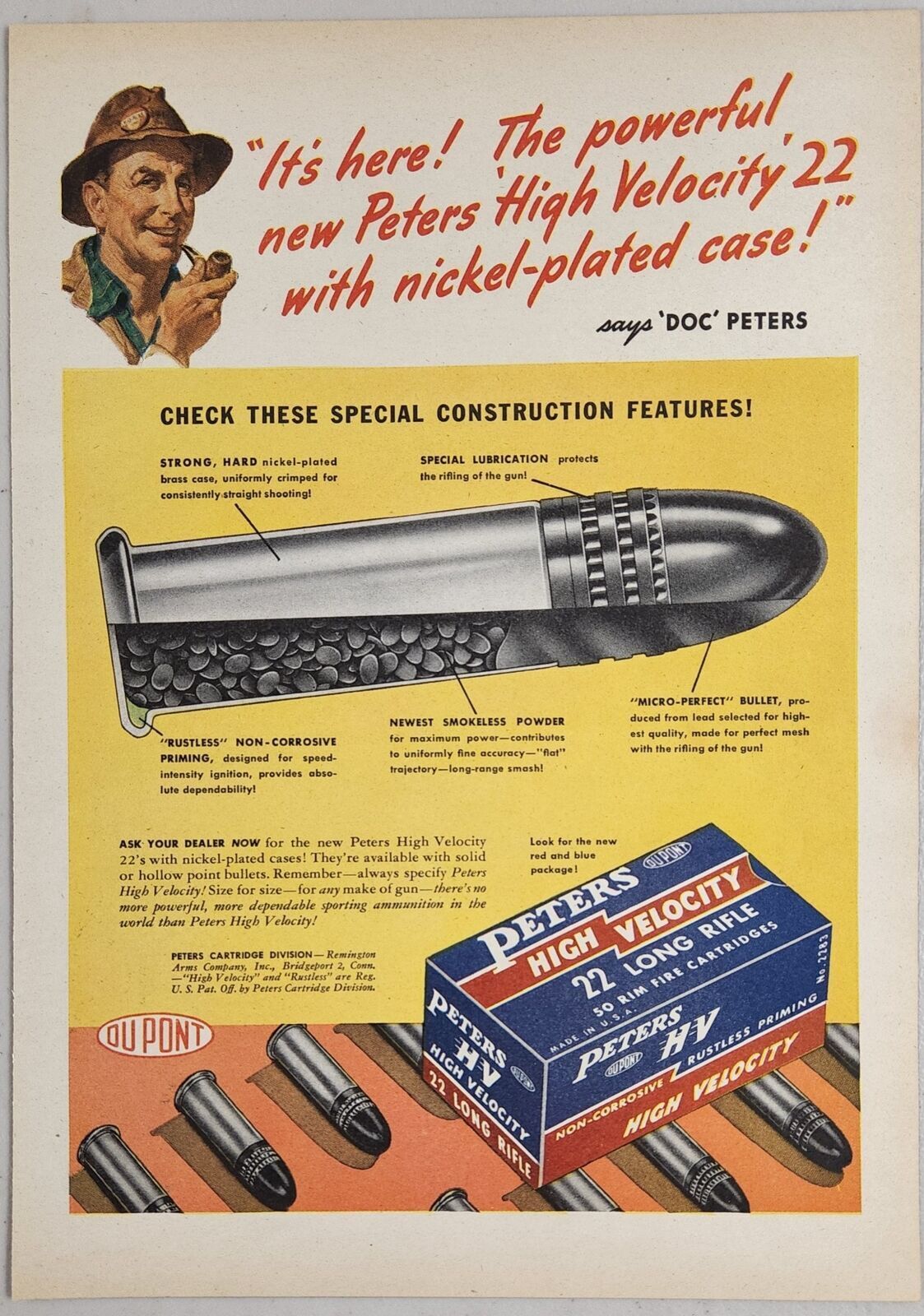 1947 Print Ad Peters High Velocity 22 Long Rifle Shells Bridgeport,Connecticut