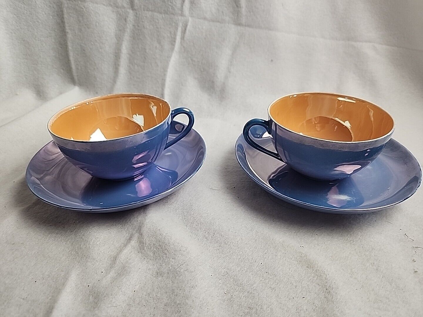 2 VTG Japanese Blue & Gold Iridescent Meito Lusterware Cups & Saucers Priority