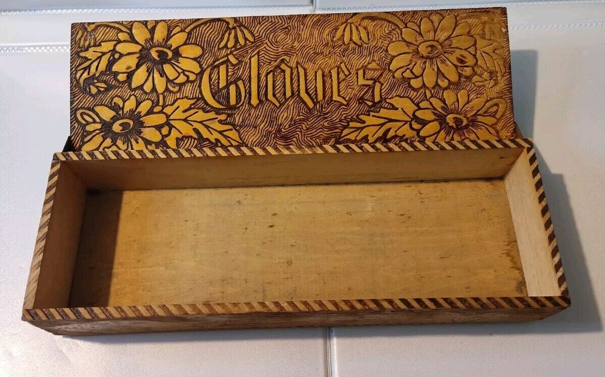 Vintage wooden glove box Wood Burned Flowers With Word Gloves