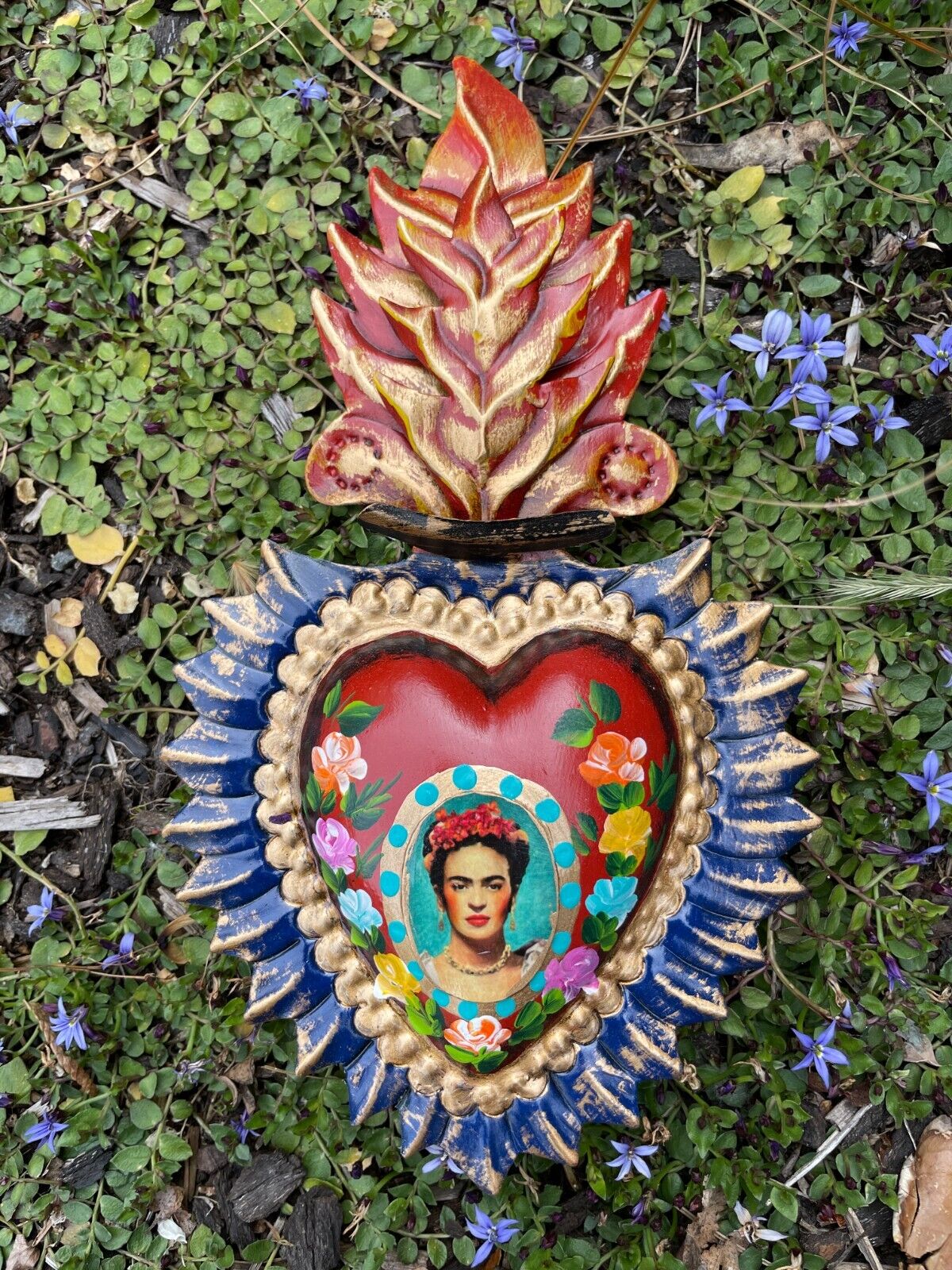 Frida Sacred Heart with Flames, Frida Kahlo Wall Decor, Tin Art Frida