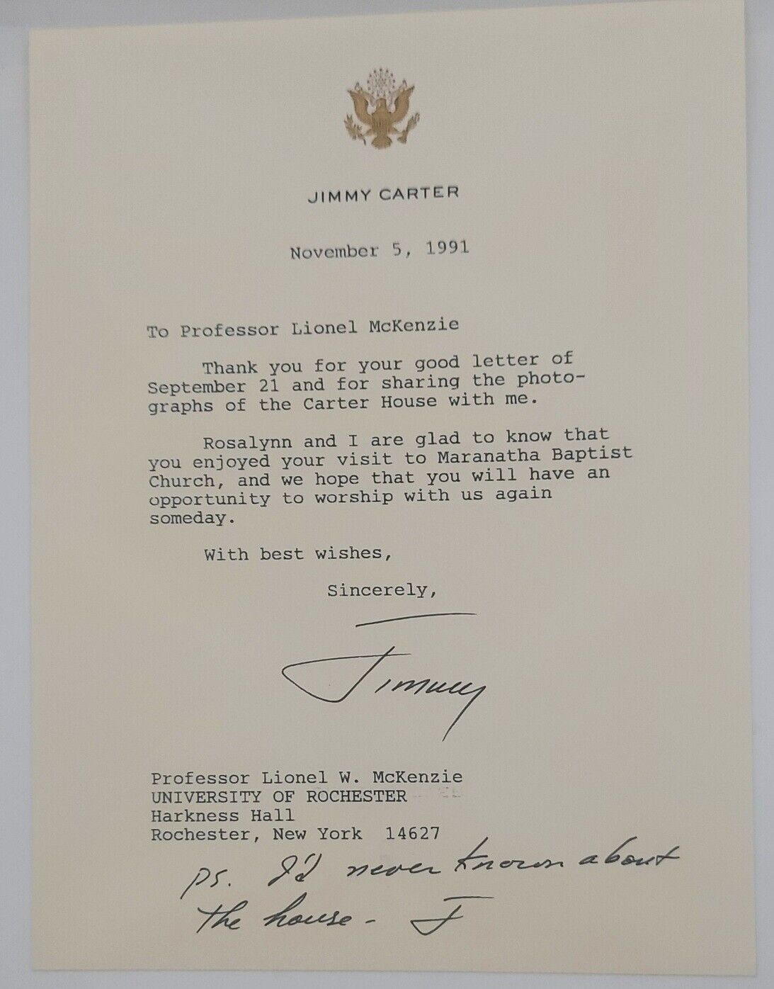 President Jimmy Carter 1991 Signed Letter 