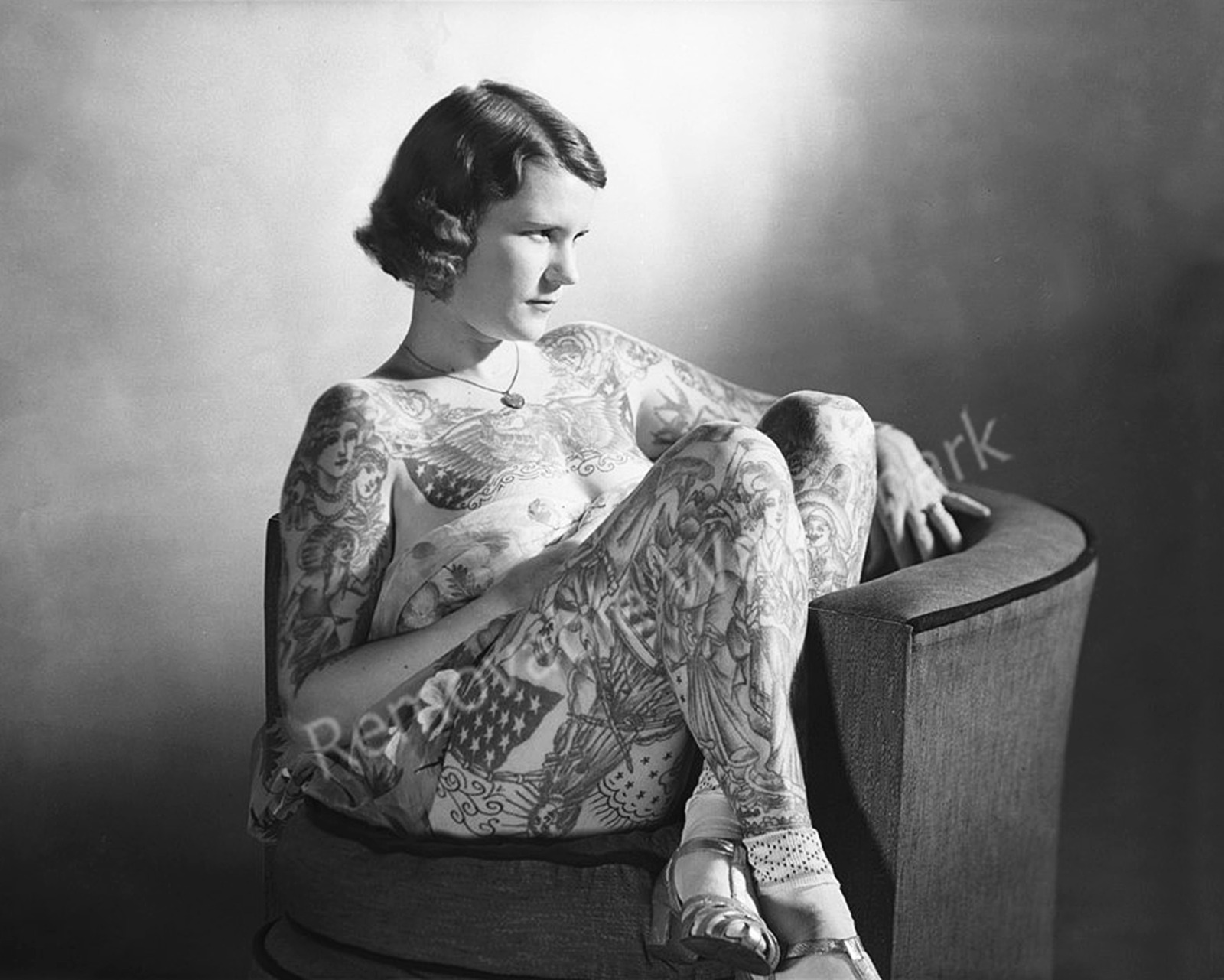 Vintage 1930's Tattooed Woman Sitting Betty Broadbent - Vintage Photo Print 8x10